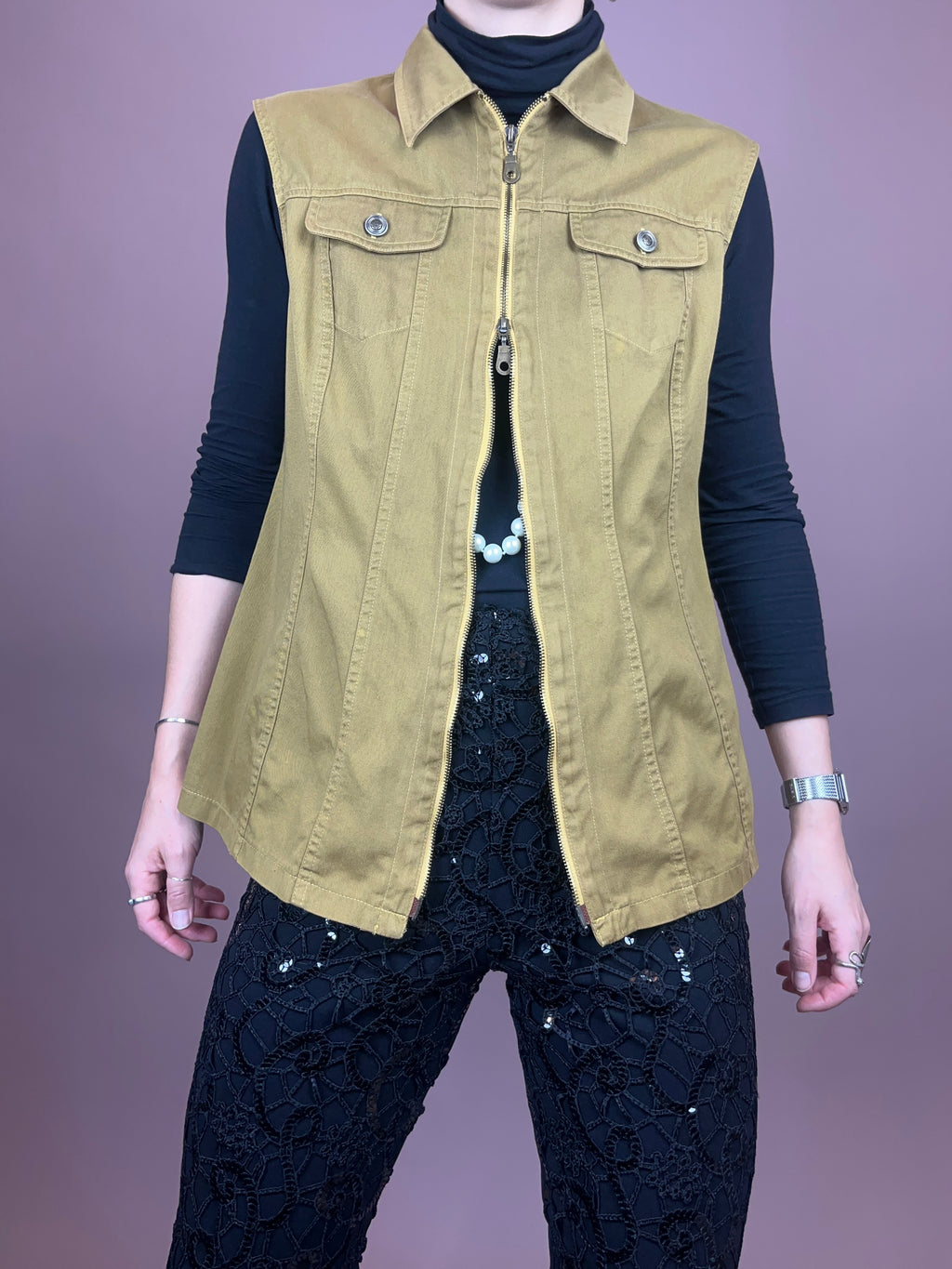Jeansweste Khaki Senf Zipper Gr. 38