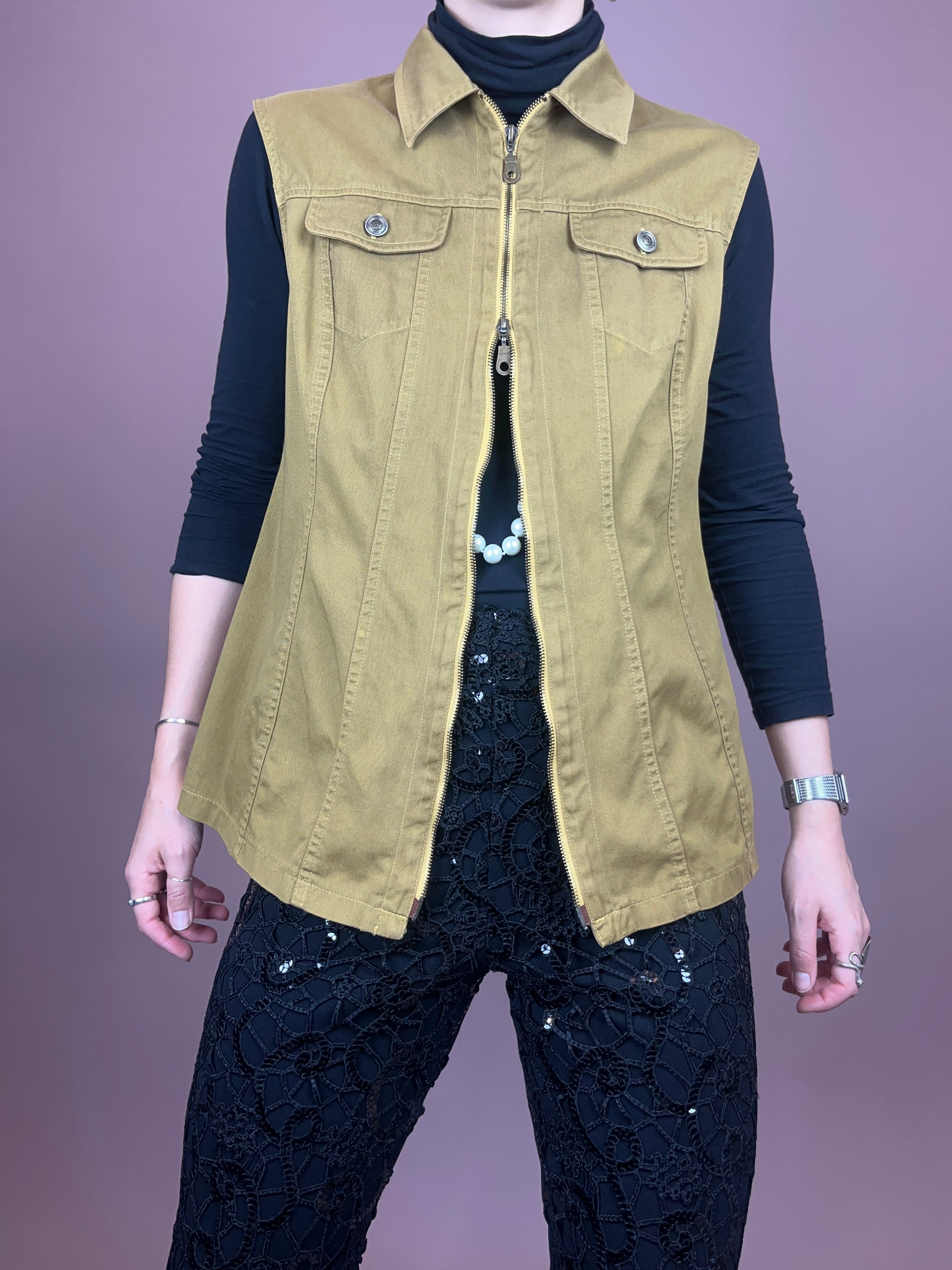 Jeansweste Khaki Senf Zipper Gr. 38