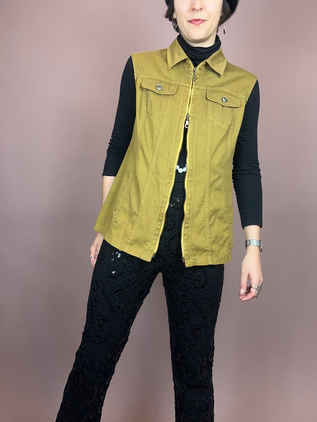 Jeansweste Khaki Senf Zipper Gr. 38