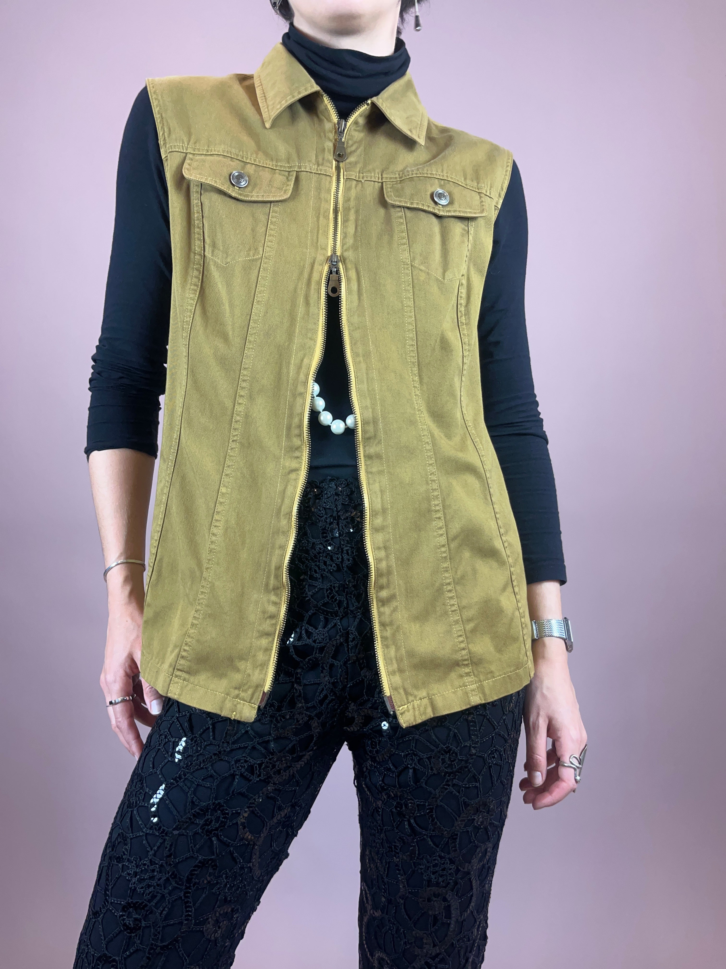 Jeansweste Khaki Senf Zipper Gr. 38