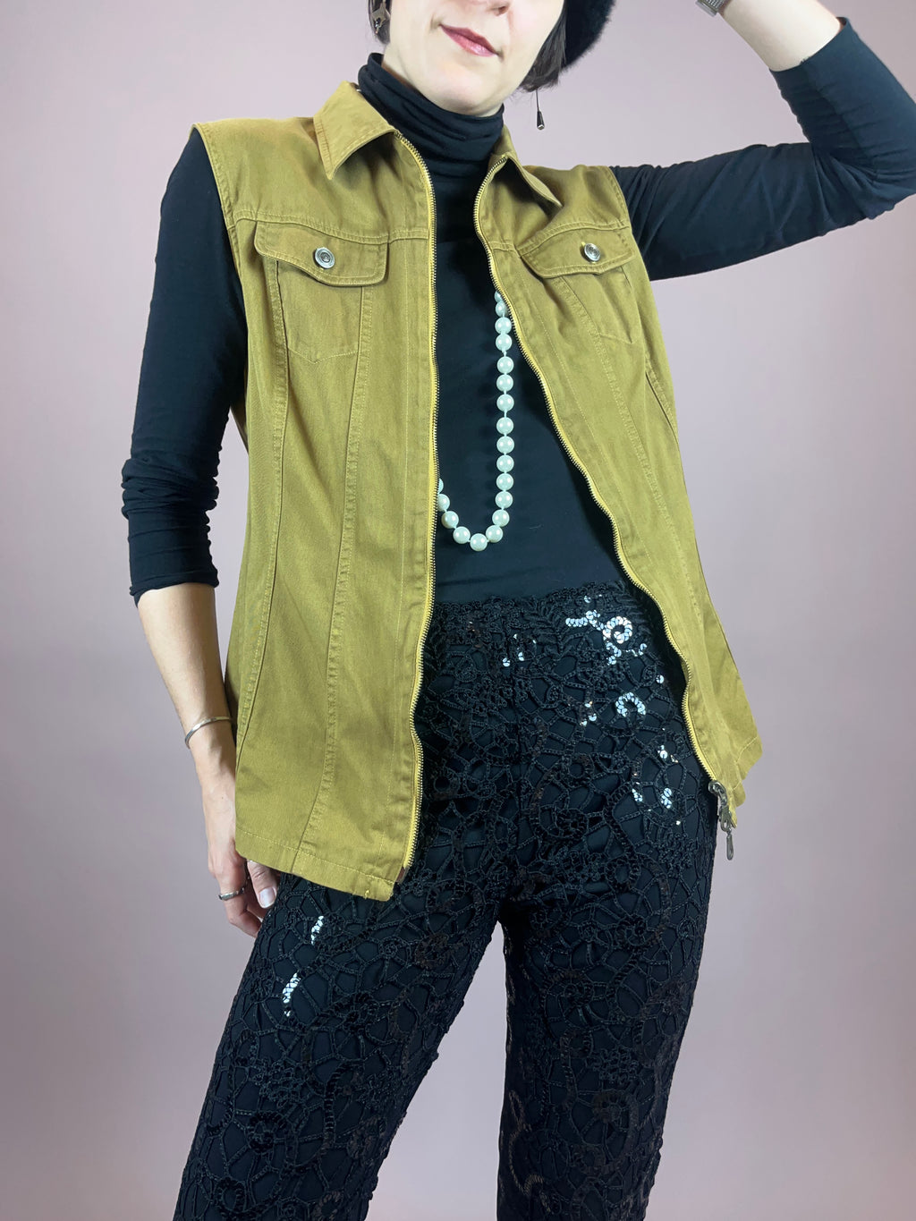 Jeansweste Khaki Senf Zipper Gr. 38