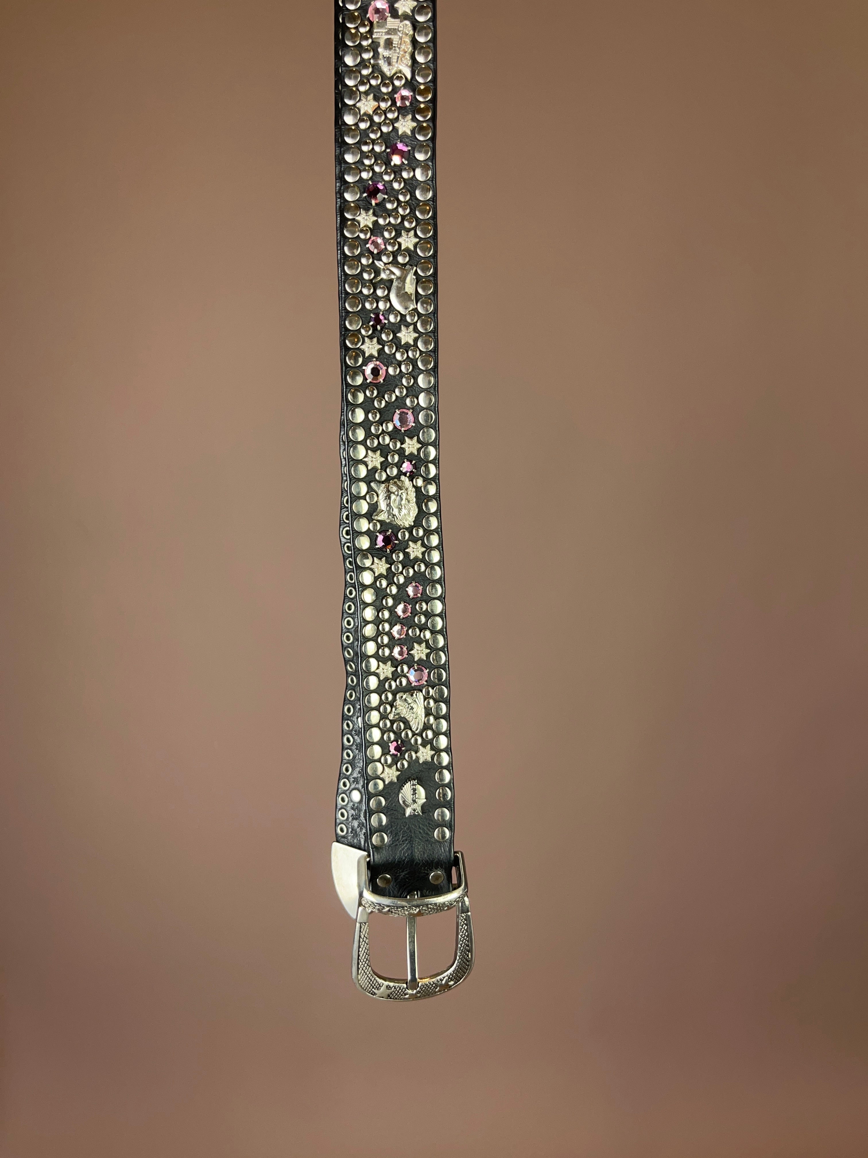Gürtel Schwarz Leder mit Nieten & Rosa Strass – Kolster