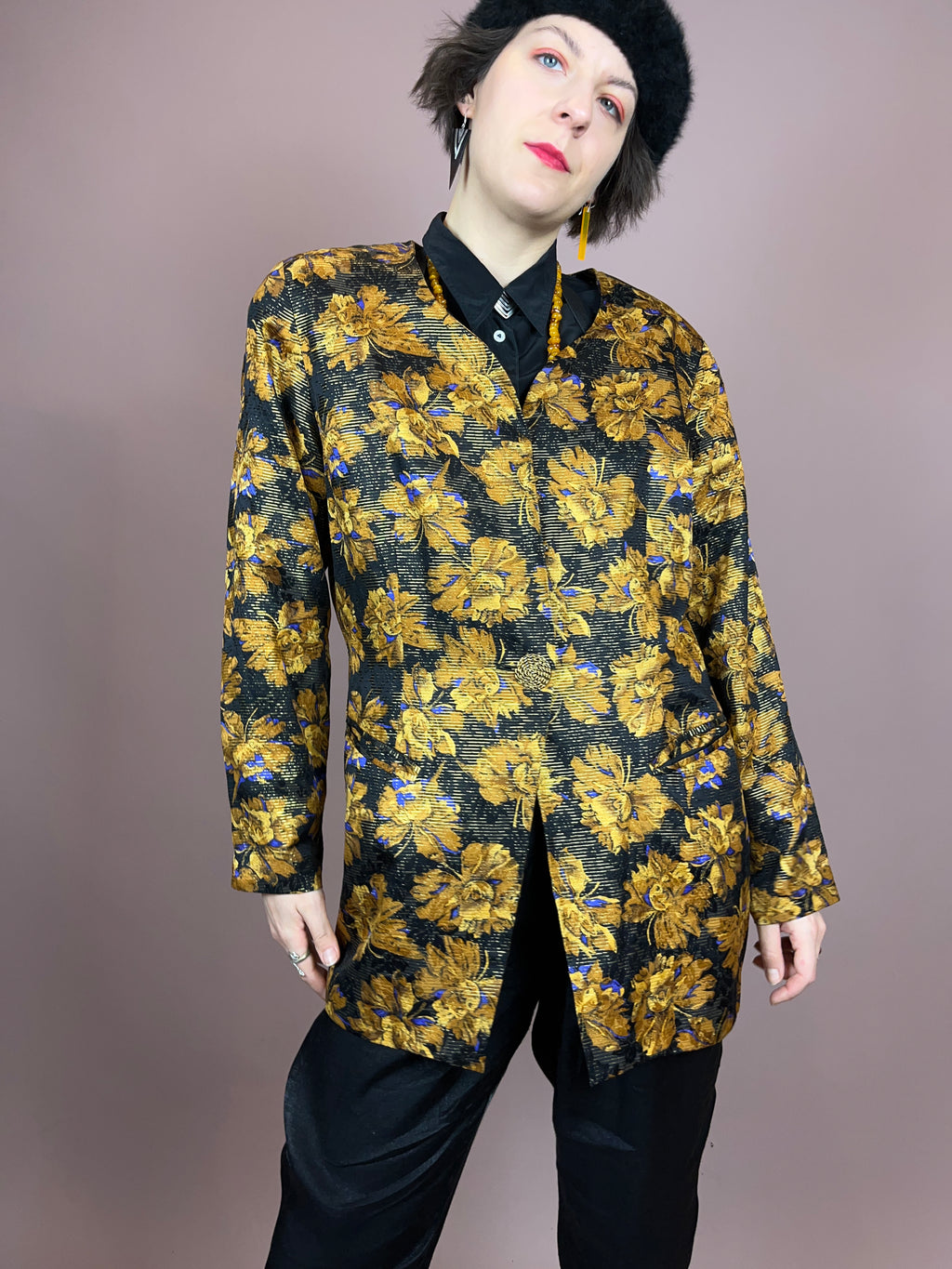 Cardigan Blazer Seide Gold Violet Blumen Gr. 40
