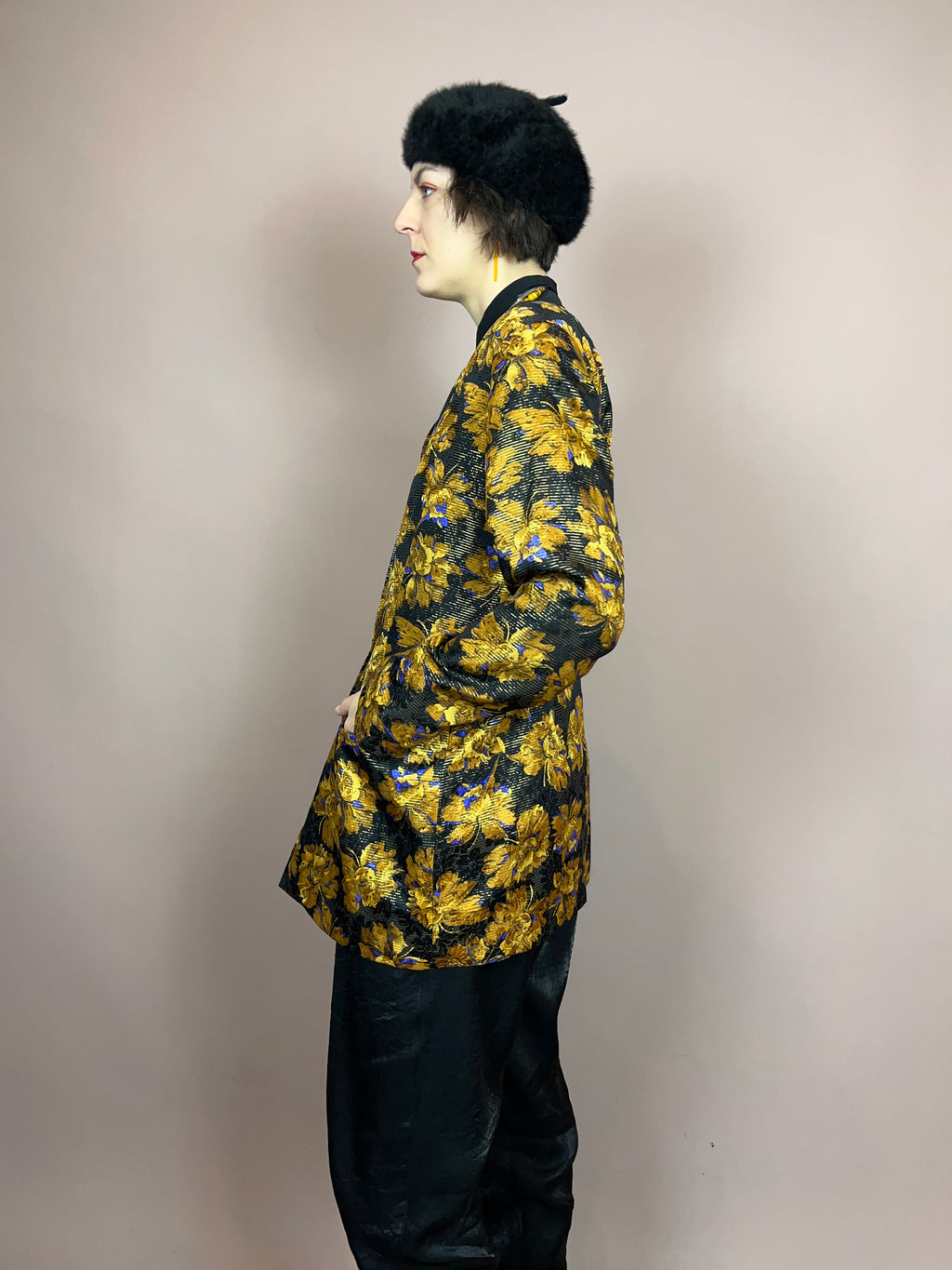 Cardigan Blazer Seide Gold Violet Blumen Gr. 40