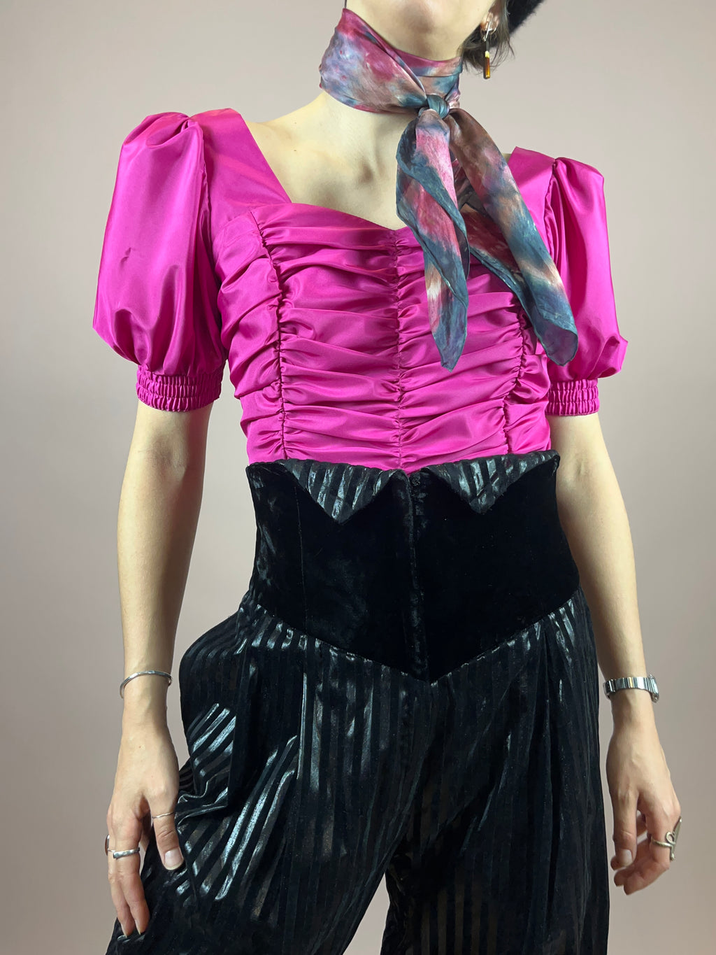 Bluse 80s Pink Puffärmel Gr. 40