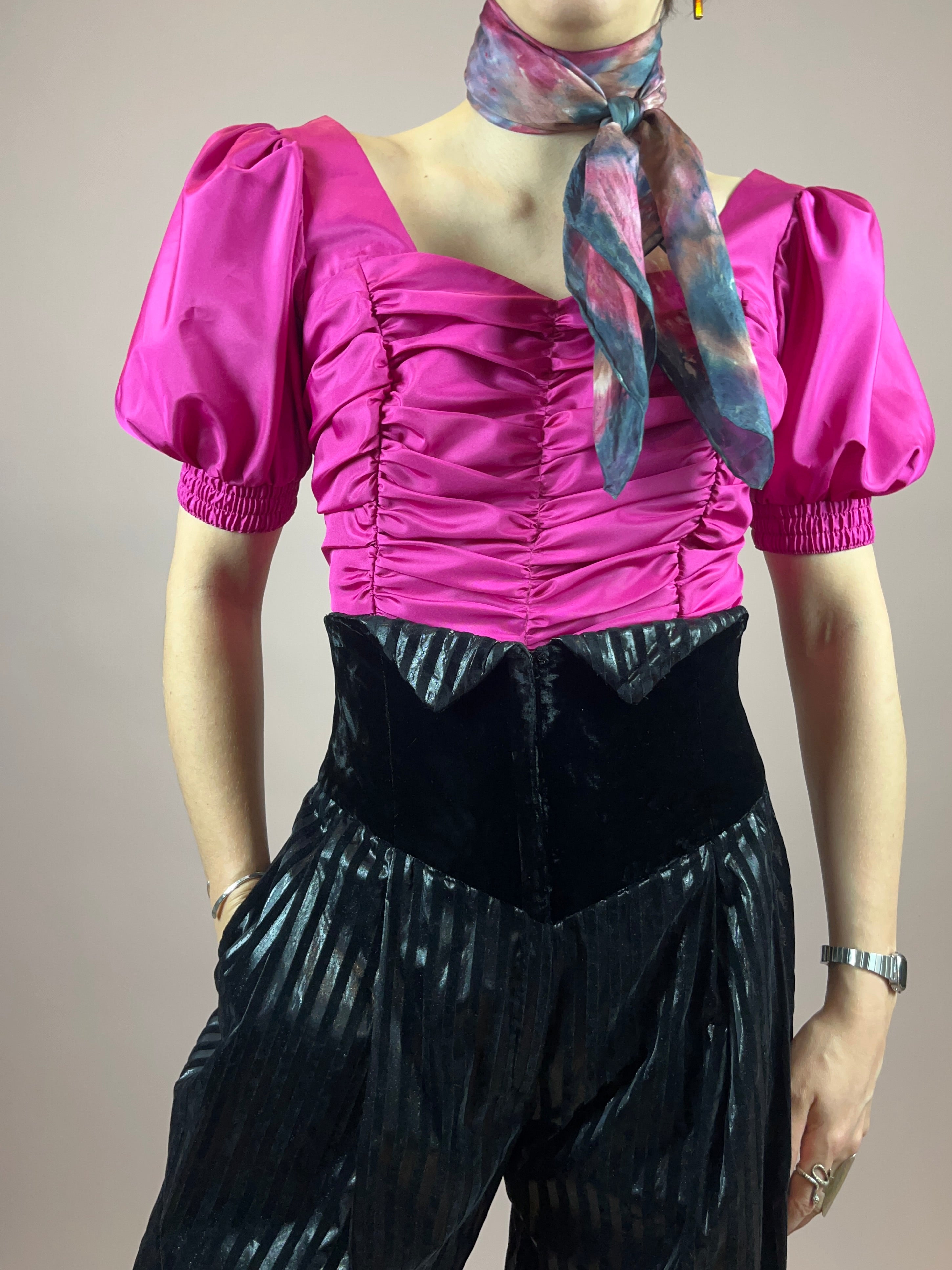 Bluse 80s Pink Puffärmel Gr. 40