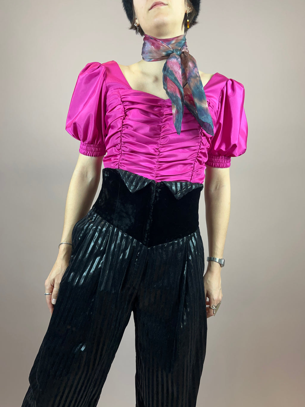 Bluse 80s Pink Puffärmel Gr. 40