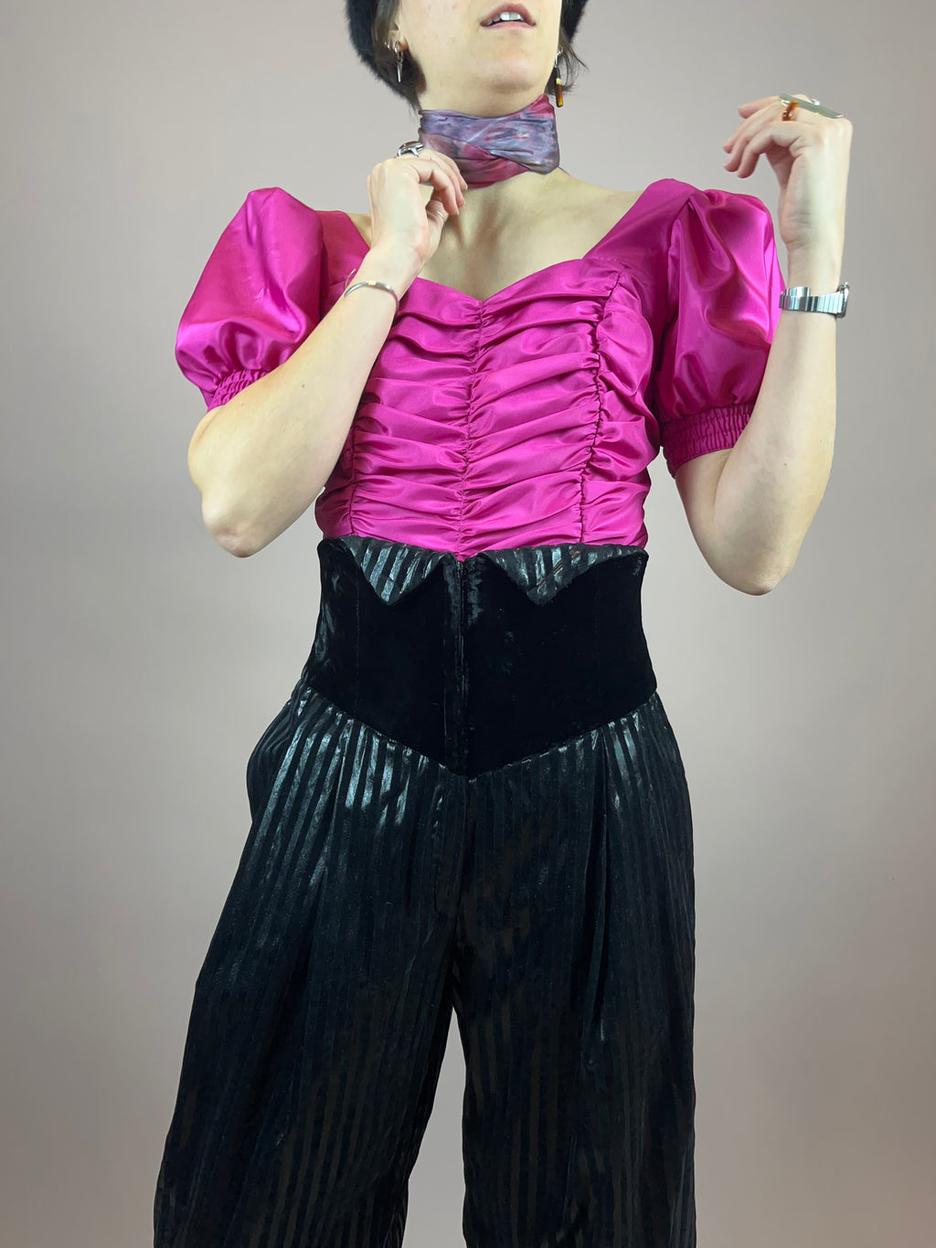 Bluse 80s Pink Puffärmel Gr. 40