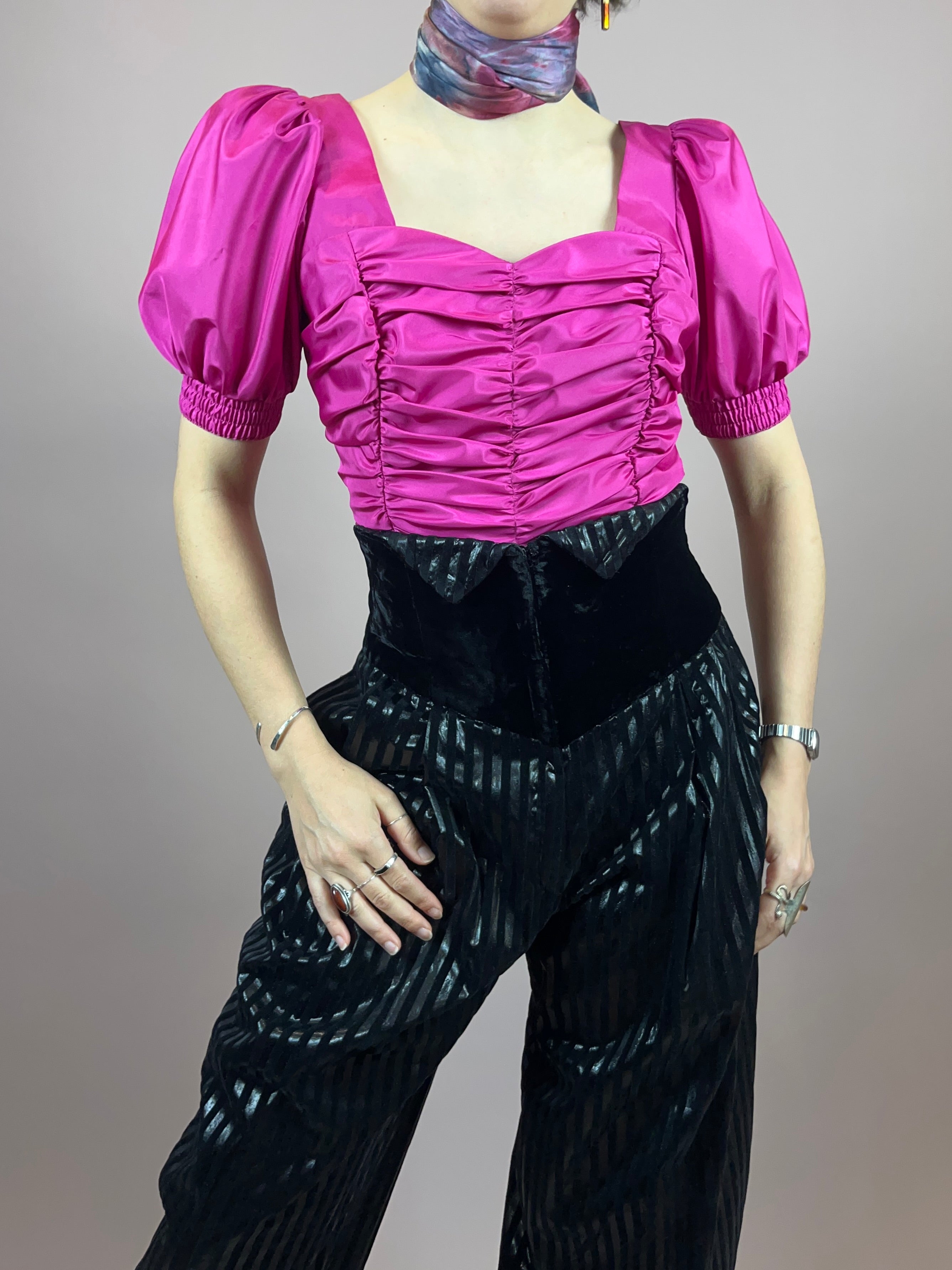 Bluse 80s Pink Puffärmel Gr. 40