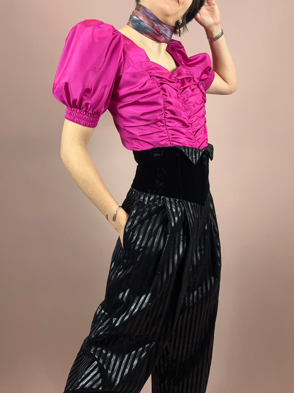 Bluse 80s Pink Puffärmel Gr. 40
