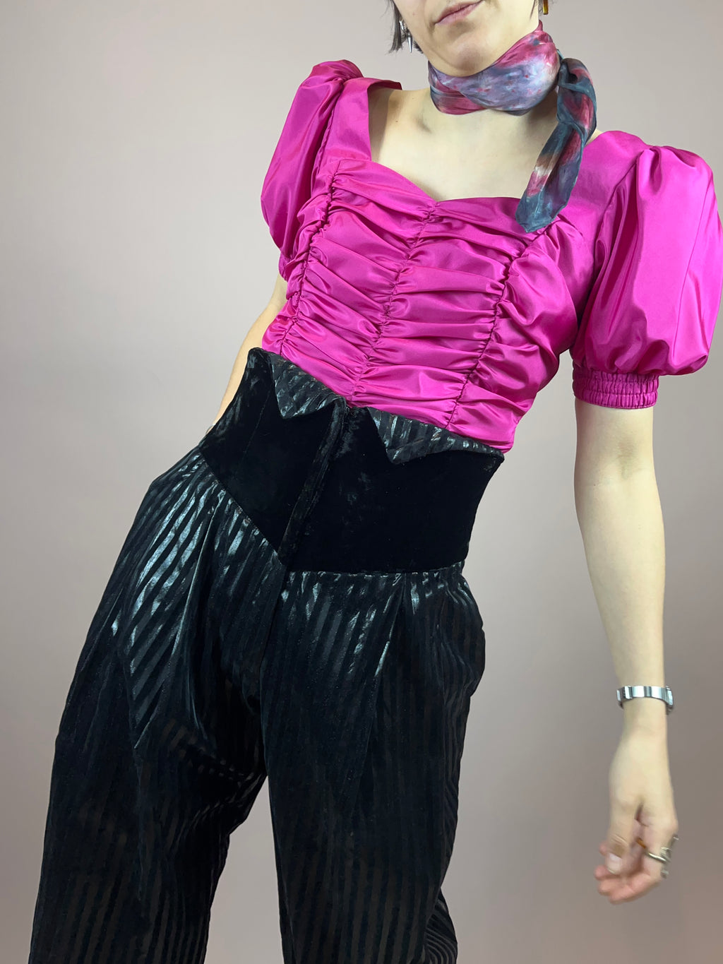 Bluse 80s Pink Puffärmel Gr. 40