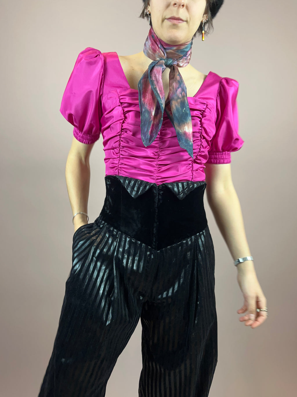 Bluse 80s Pink Puffärmel Gr. 40