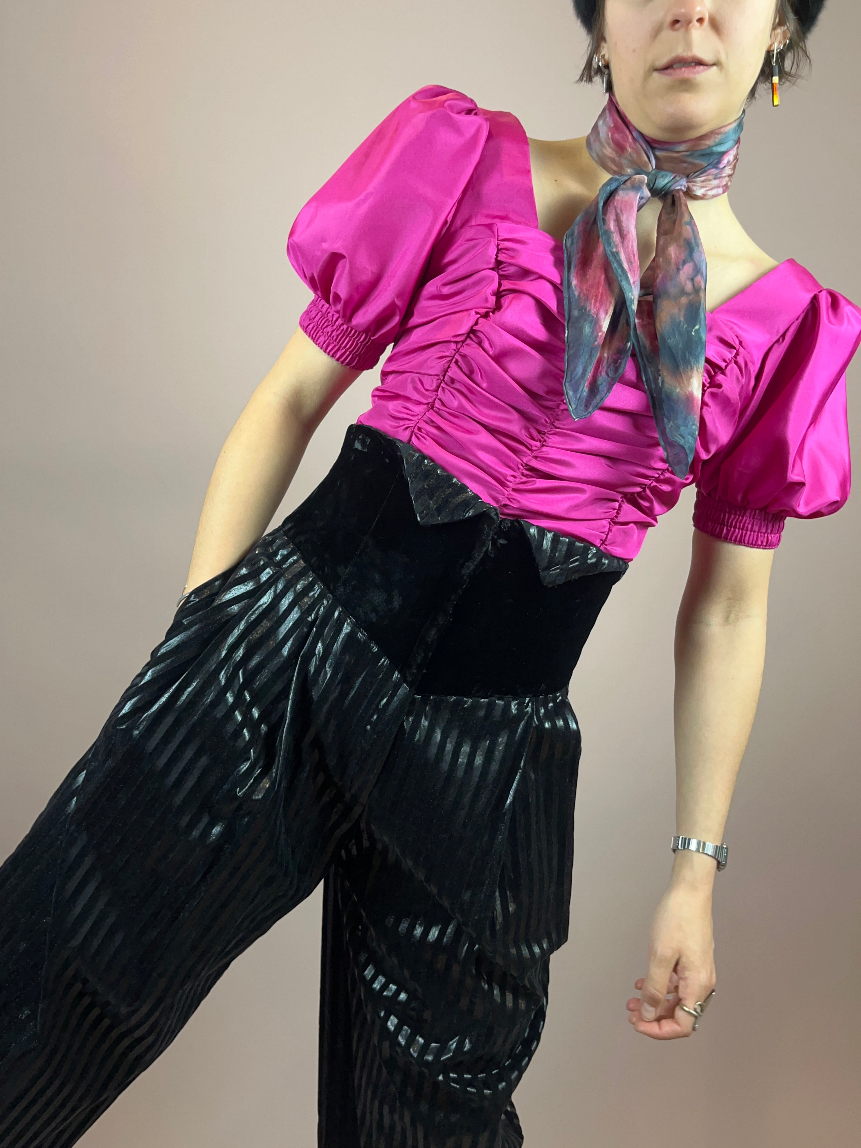 Bluse 80s Pink Puffärmel Gr. 40