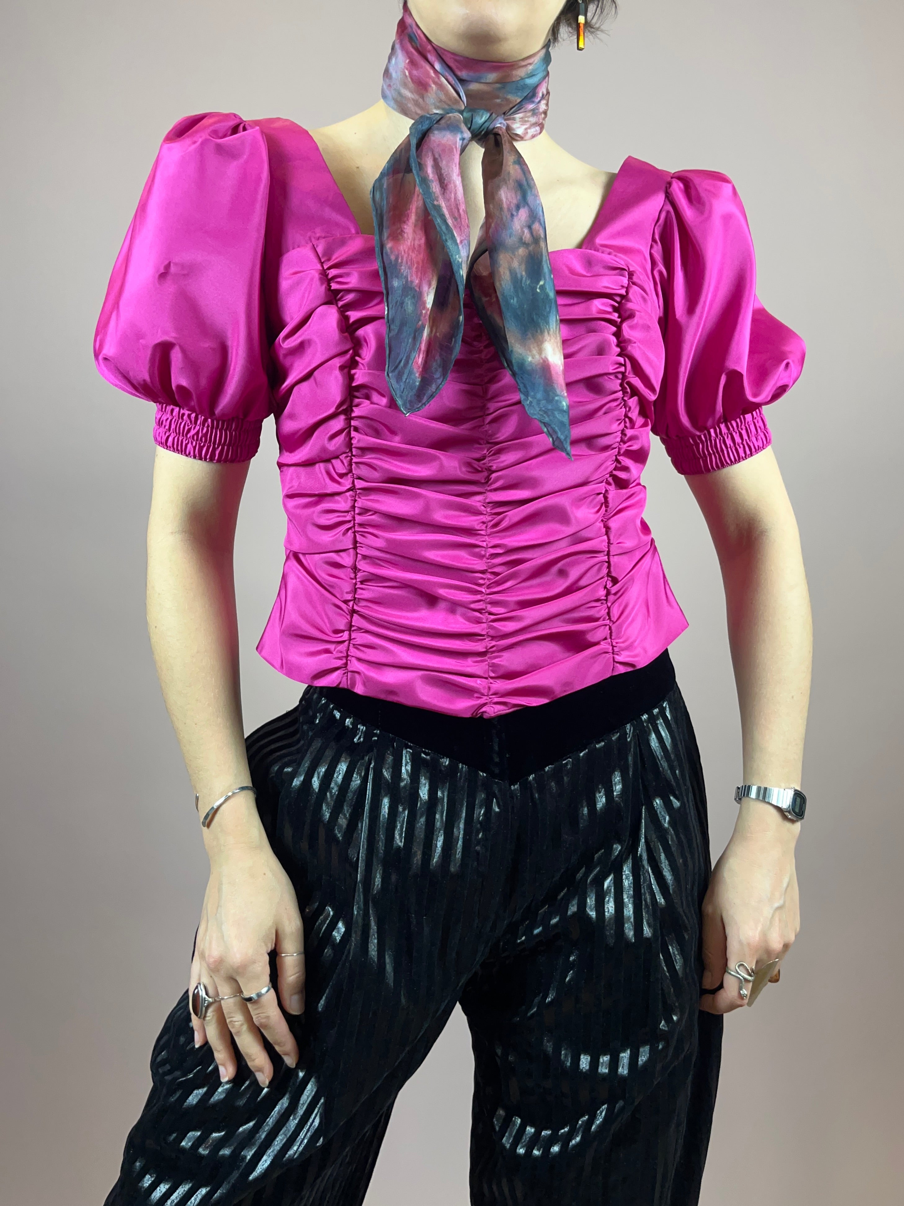 Bluse 80s Pink Puffärmel Gr. 40