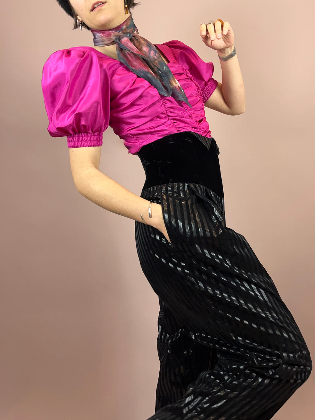 Bluse 80s Pink Puffärmel Gr. 40