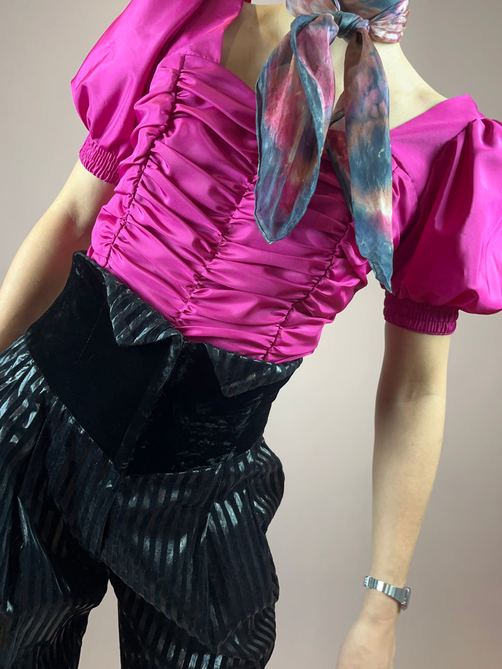 Bluse 80s Pink Puffärmel Gr. 40
