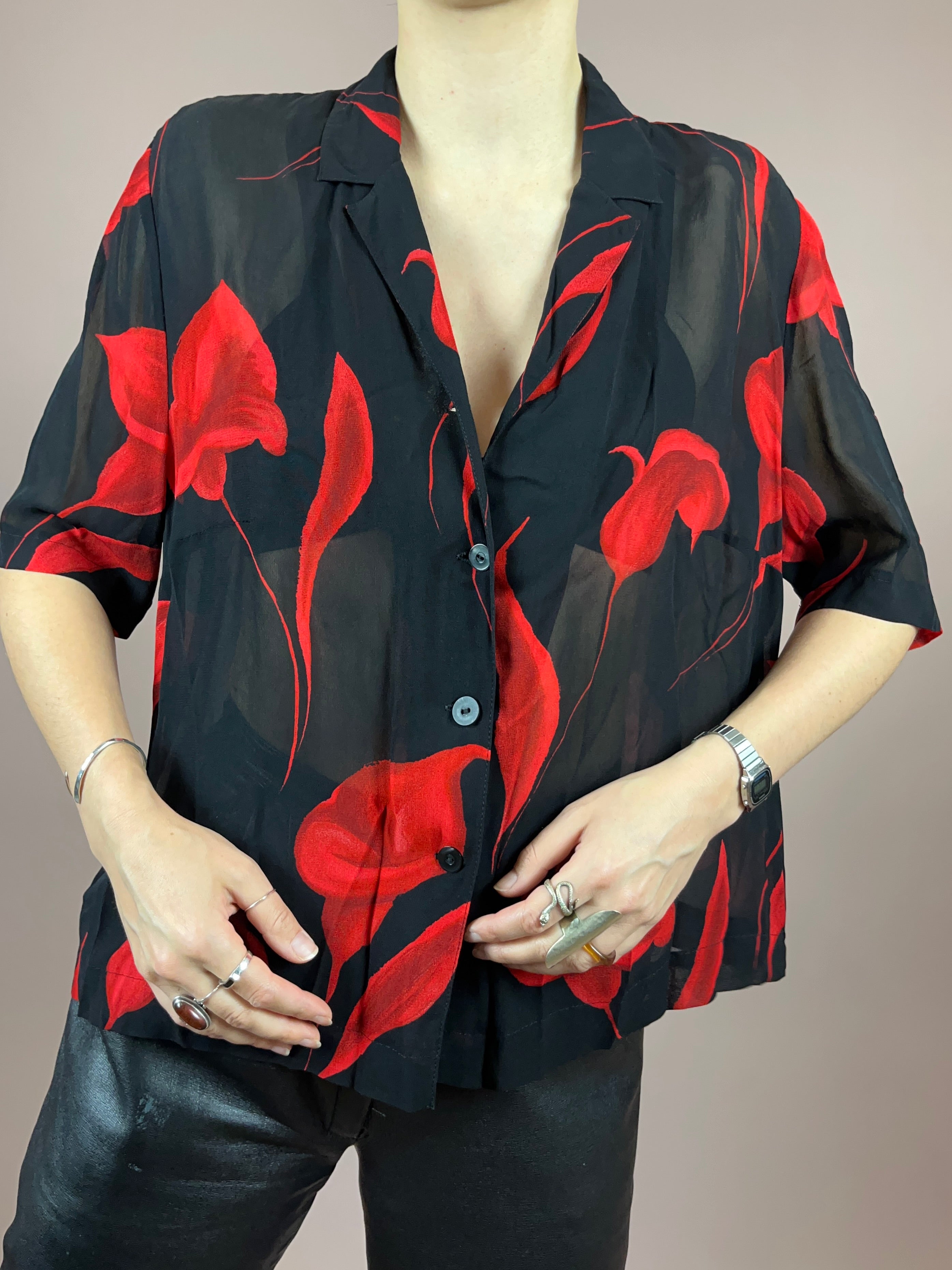 Bluse Schwarz Rot Blumen Gr. 42