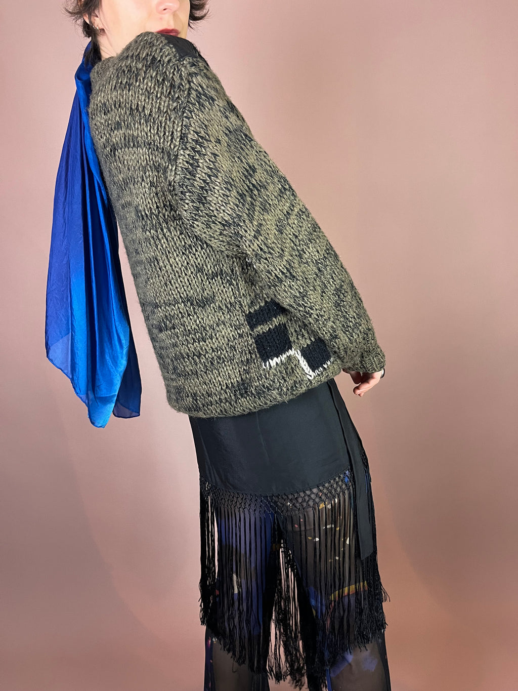 Grober Strickpullover mit Echtleder Details Grafikmuster Gr. 40