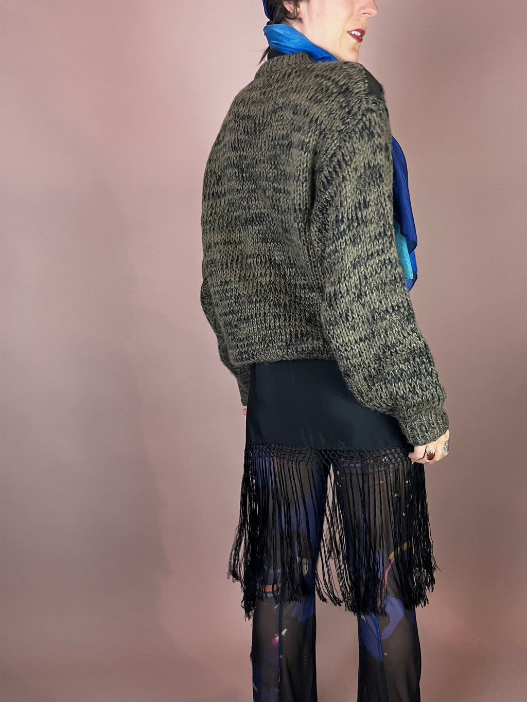 Grober Strickpullover mit Echtleder Details Grafikmuster Gr. 40