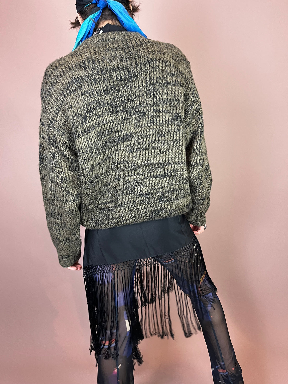 Grober Strickpullover mit Echtleder Details Grafikmuster Gr. 40