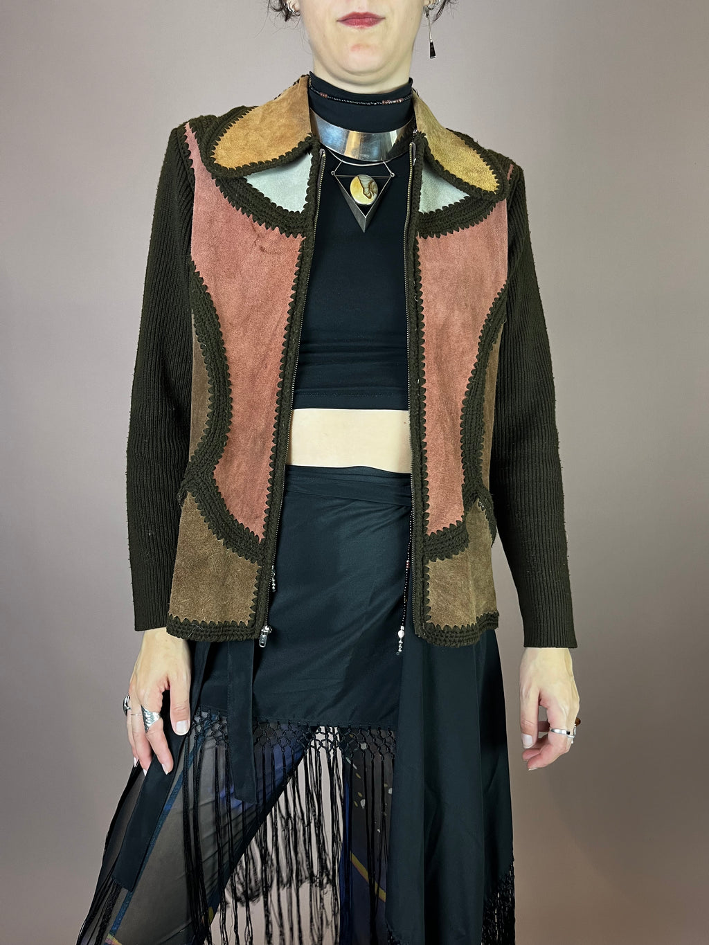 Strickjacke Wildleder Patchwork 70s Hippie Vibes Gr. 38