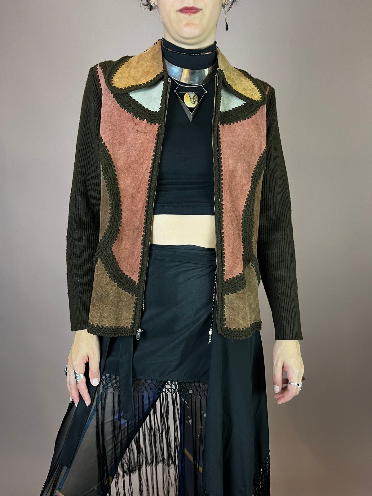 Strickjacke Wildleder Patchwork 70s Hippie Vibes Gr. 38