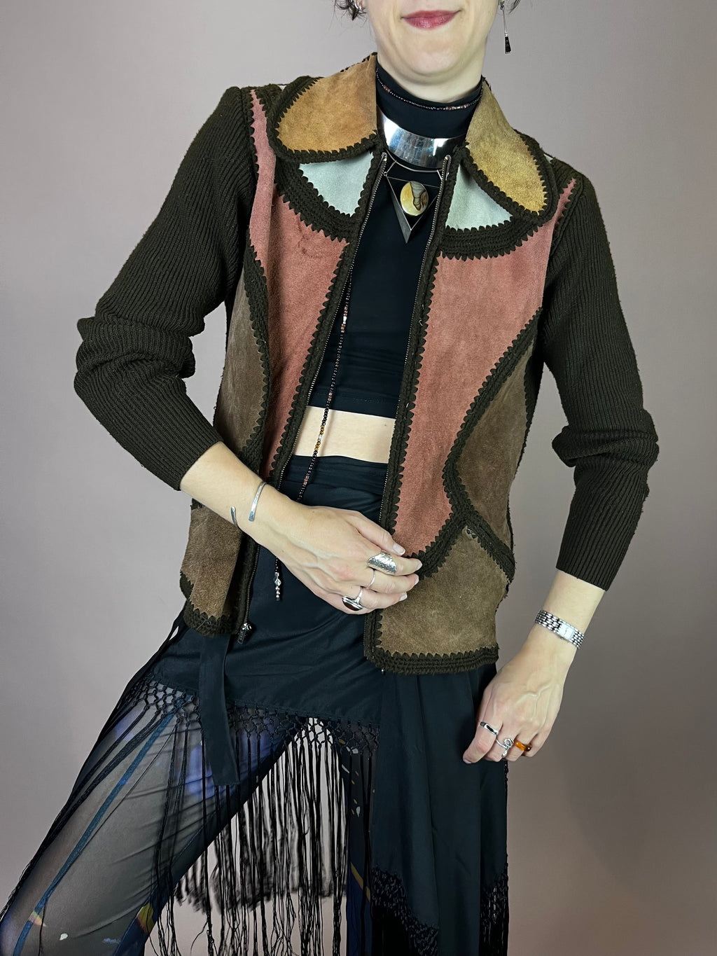 Strickjacke Wildleder Patchwork 70s Hippie Vibes Gr. 38