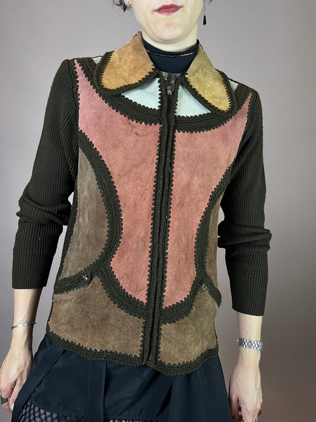 Strickjacke Wildleder Patchwork 70s Hippie Vibes Gr. 38