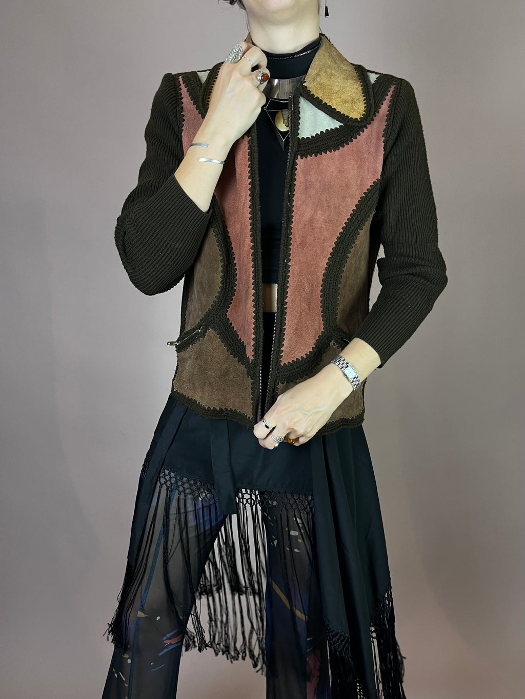 Strickjacke Wildleder Patchwork 70s Hippie Vibes Gr. 38