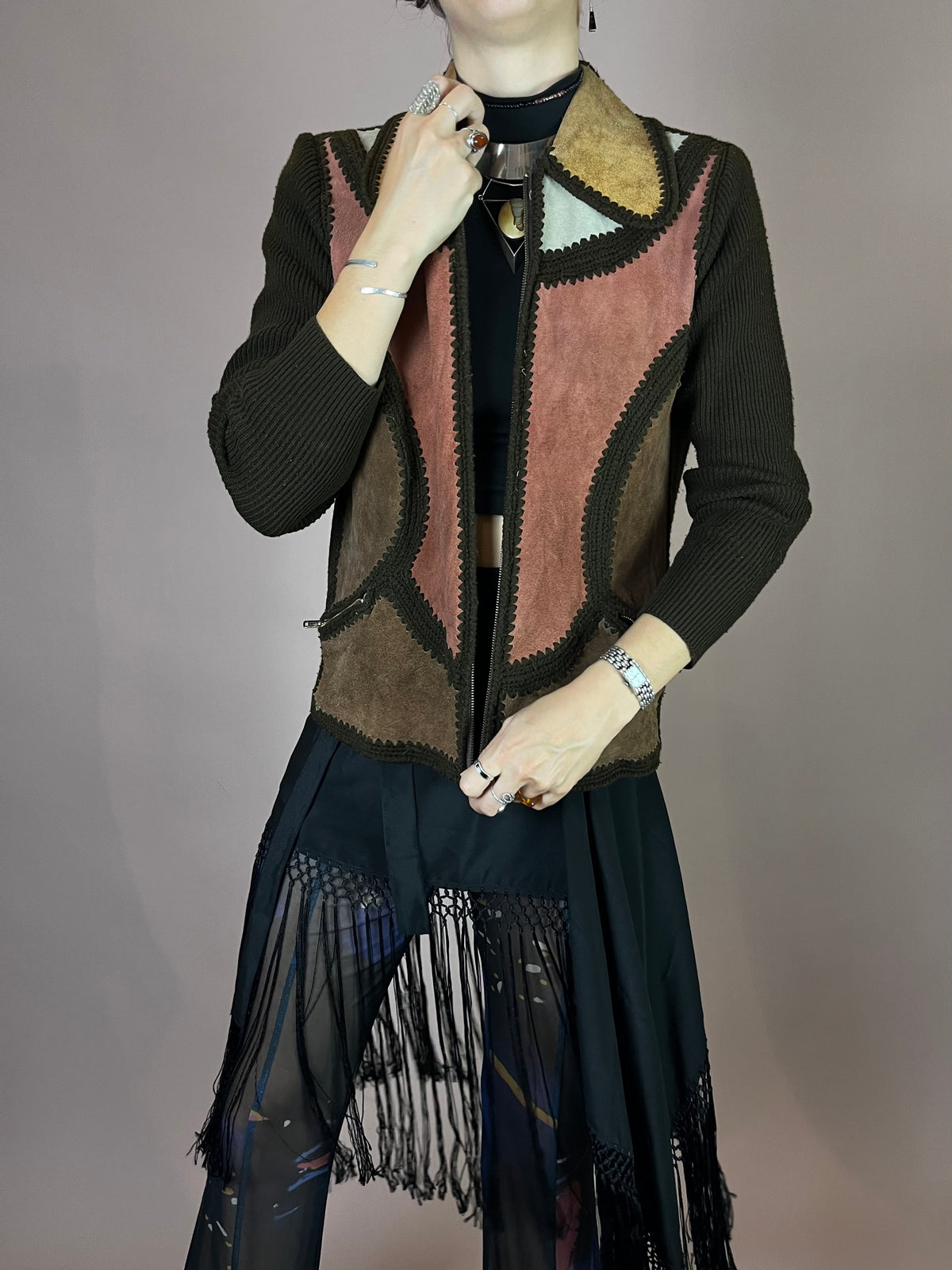 Strickjacke Wildleder Patchwork 70s Hippie Vibes Gr. 38