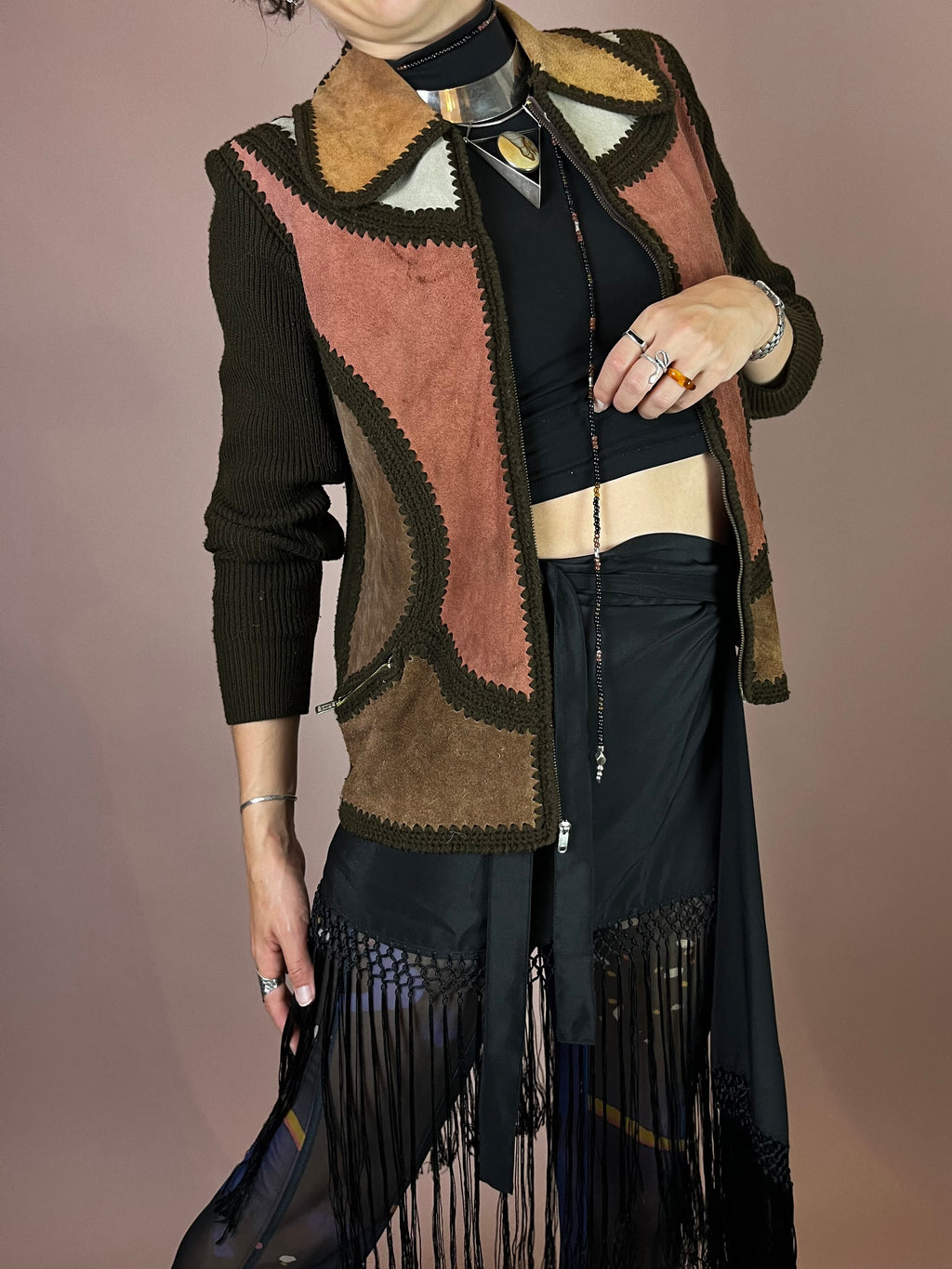 Strickjacke Wildleder Patchwork 70s Hippie Vibes Gr. 38