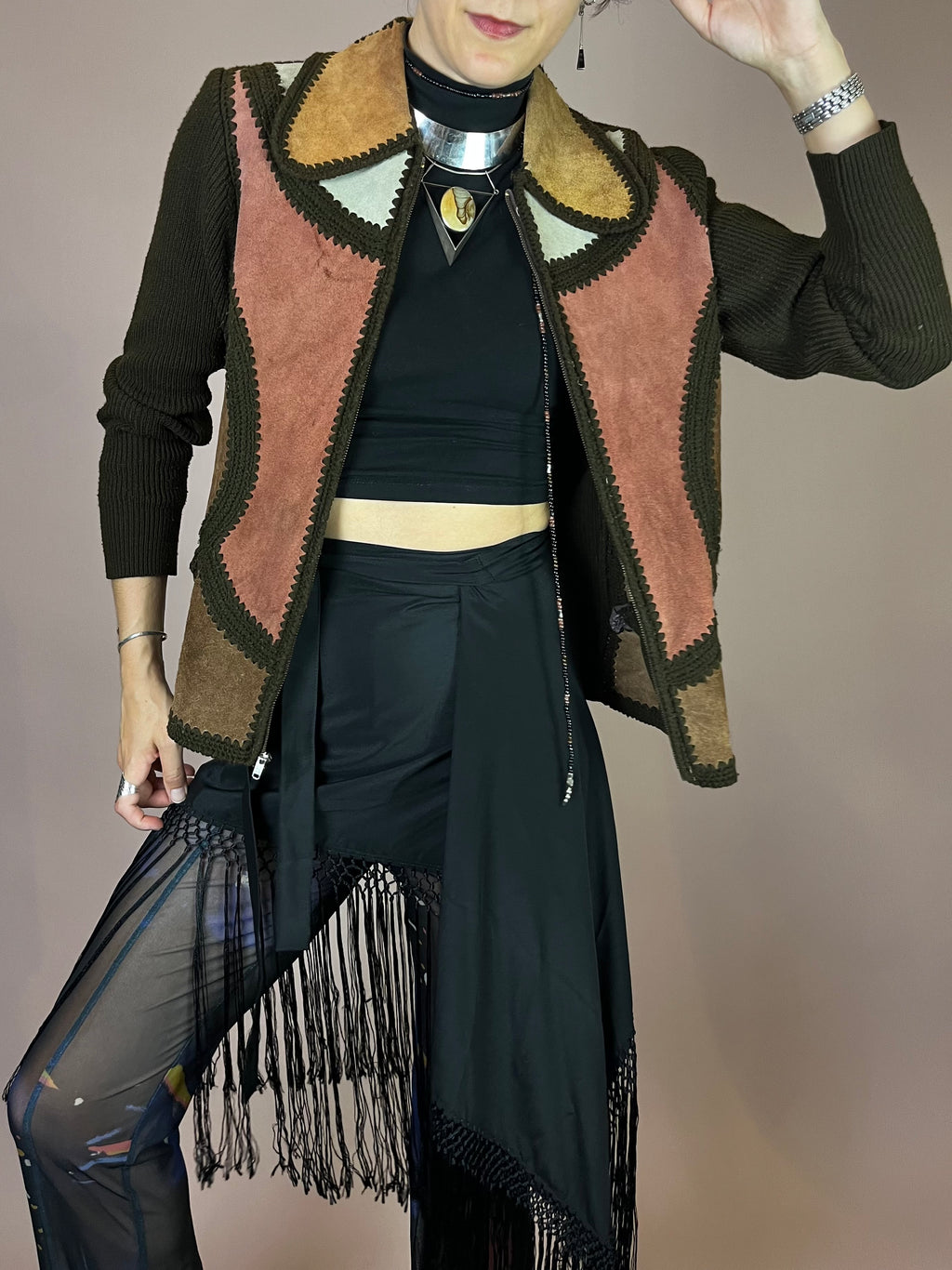 Strickjacke Wildleder Patchwork 70s Hippie Vibes Gr. 38