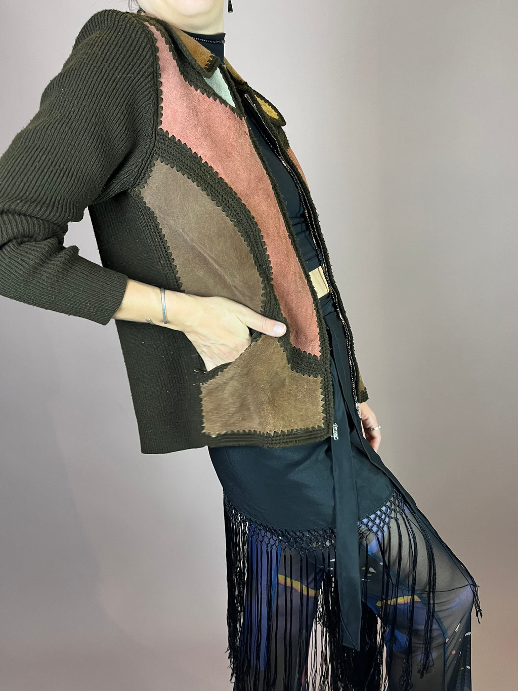 Strickjacke Wildleder Patchwork 70s Hippie Vibes Gr. 38