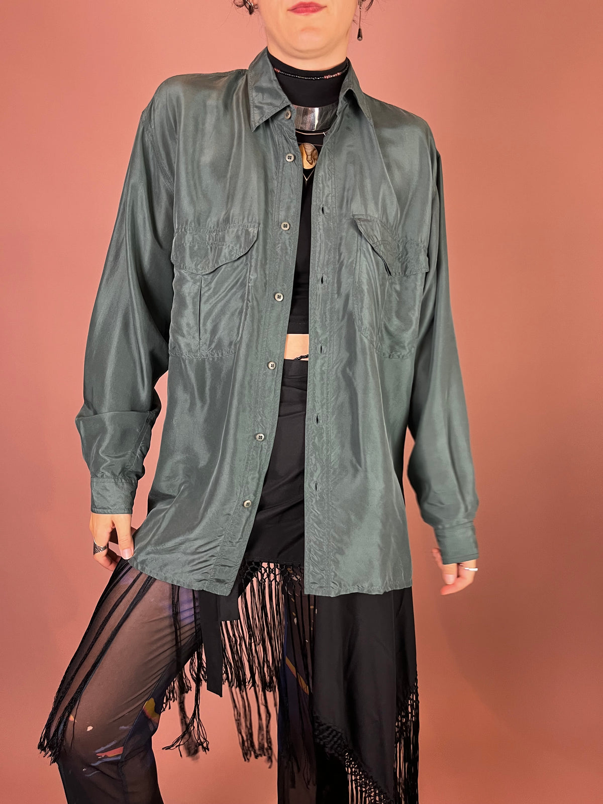 Seidenbluse Flaschengrün Oversized Gr. XL