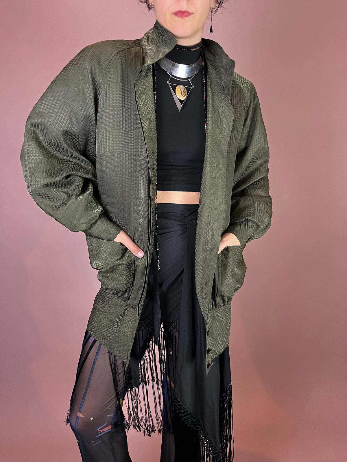 Jacke Hahnentritt Oliv Wattiert Fledermausärmel Gr. 40/42