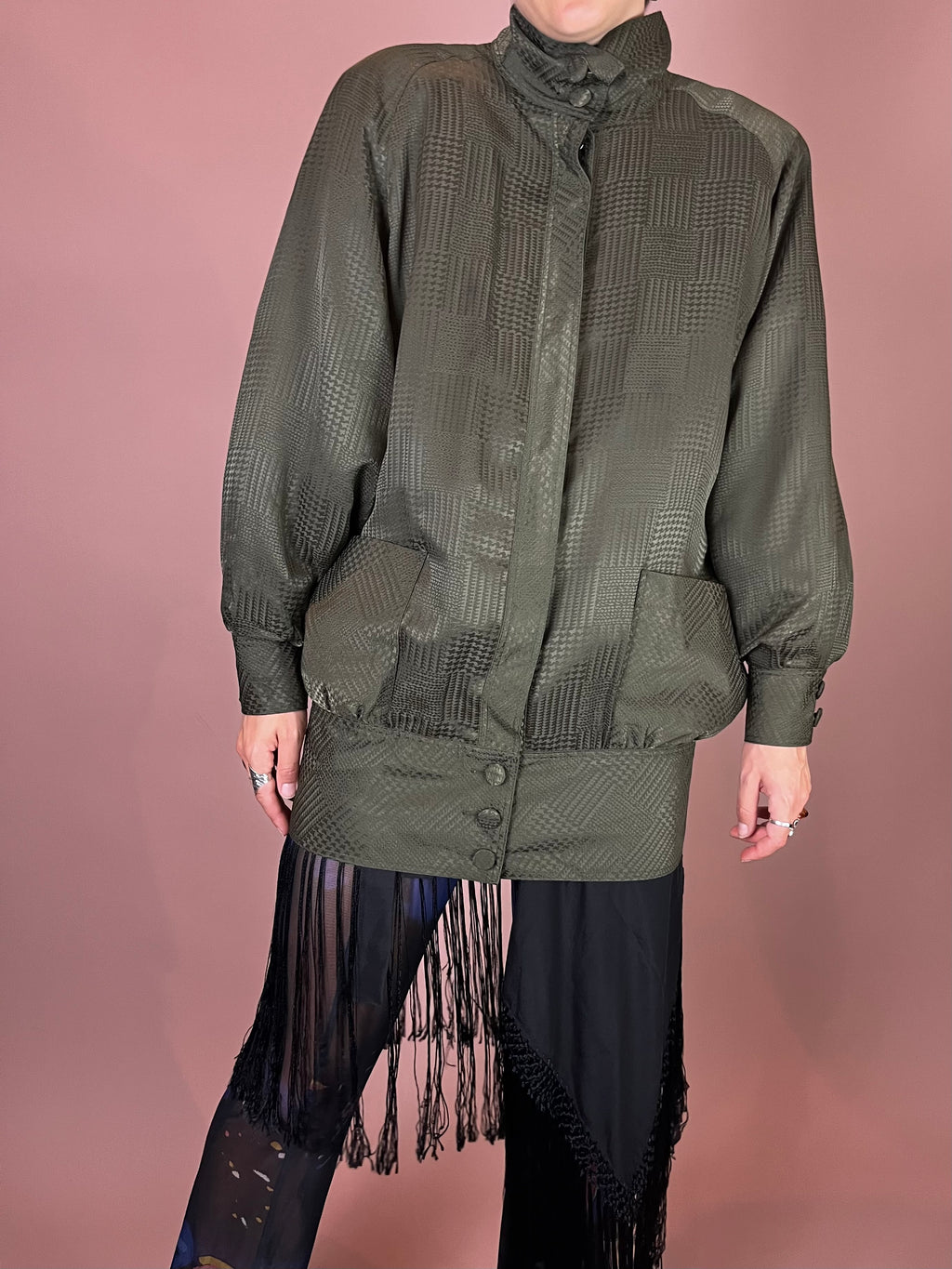 Jacke Hahnentritt Oliv Wattiert Fledermausärmel Gr. 40/42
