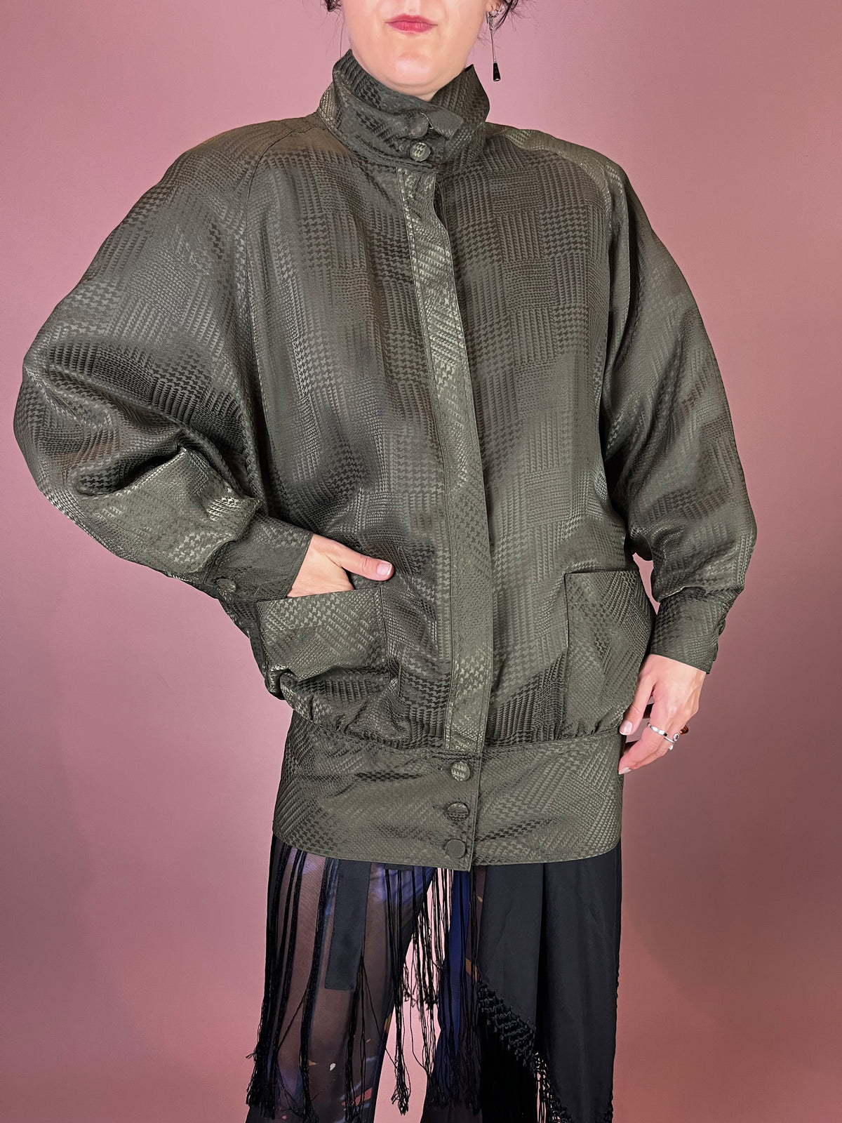 Jacke Hahnentritt Oliv Wattiert Fledermausärmel Gr. 40/42