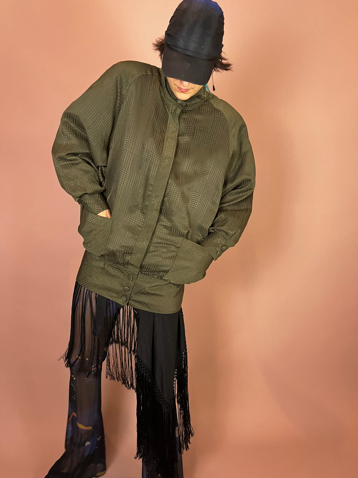 Jacke Hahnentritt Oliv Wattiert Fledermausärmel Gr. 40/42