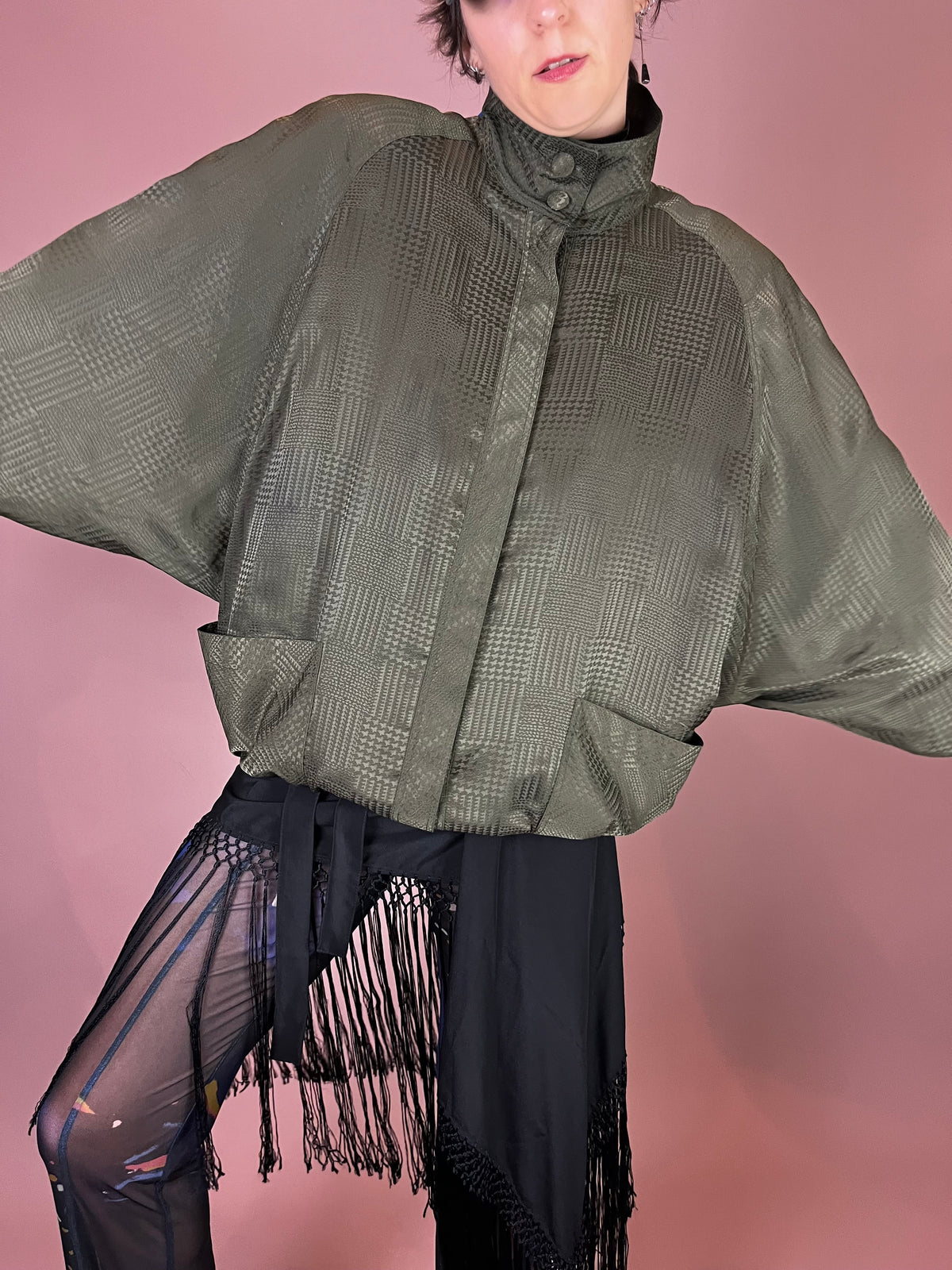 Jacke Hahnentritt Oliv Wattiert Fledermausärmel Gr. 40/42