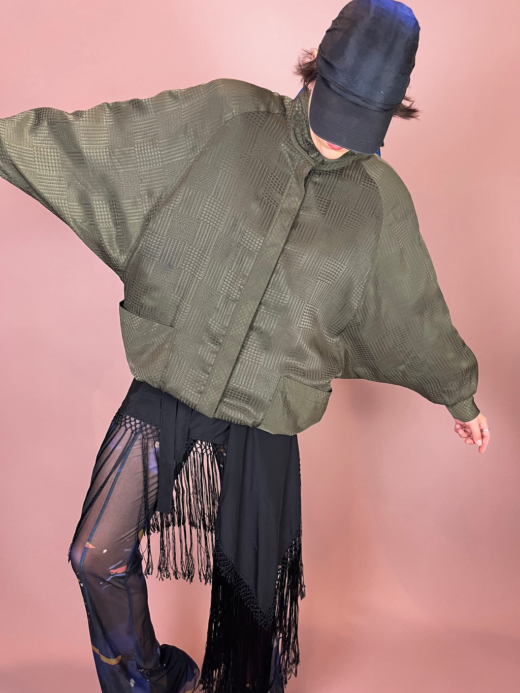 Jacke Hahnentritt Oliv Wattiert Fledermausärmel Gr. 40/42