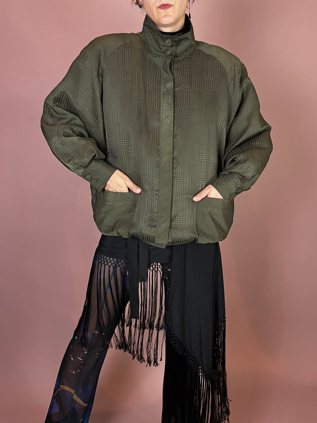 Jacke Hahnentritt Oliv Wattiert Fledermausärmel Gr. 40/42