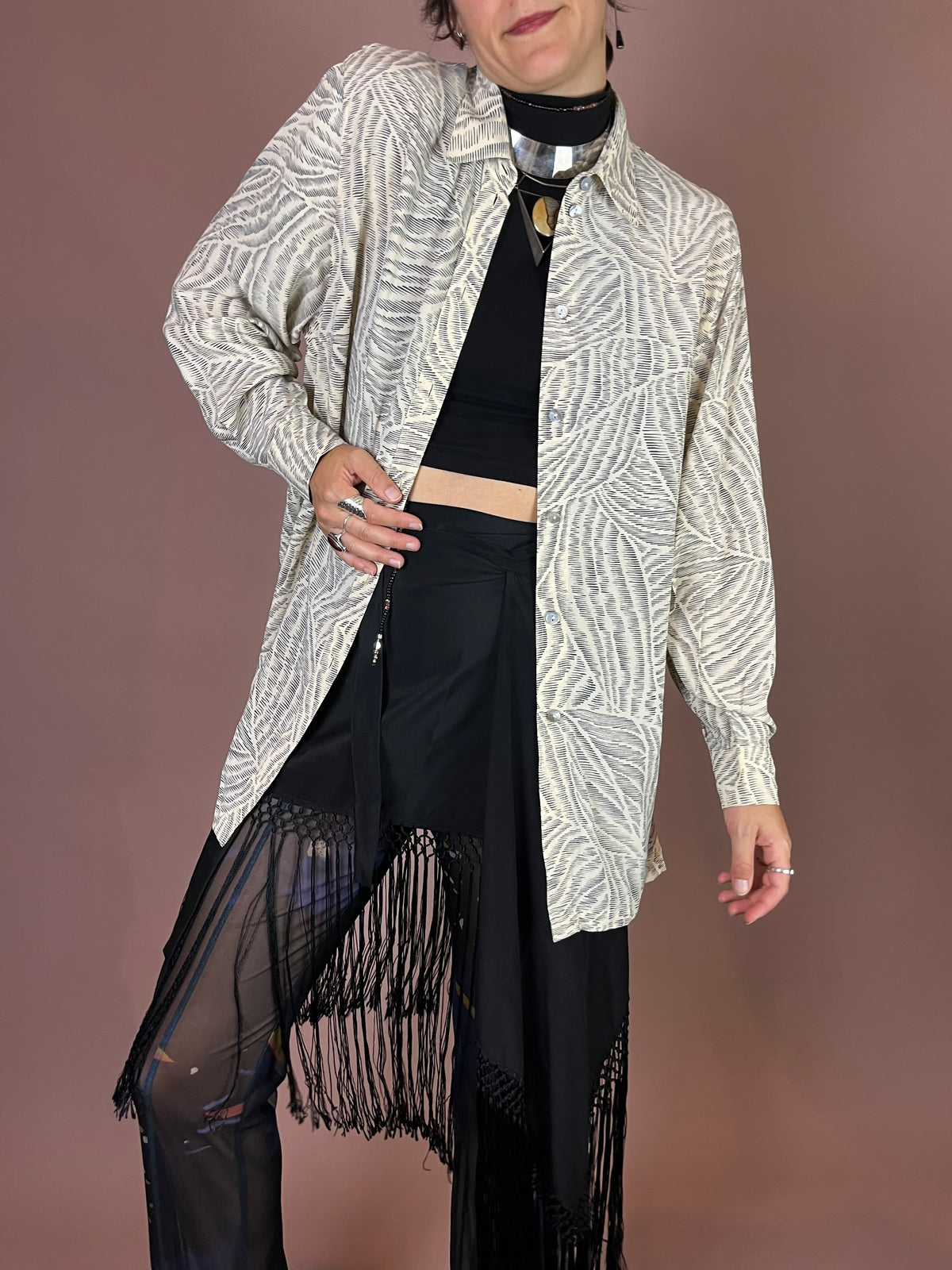 Bluse Creme Grafikprint Oversized Gr. 42/42