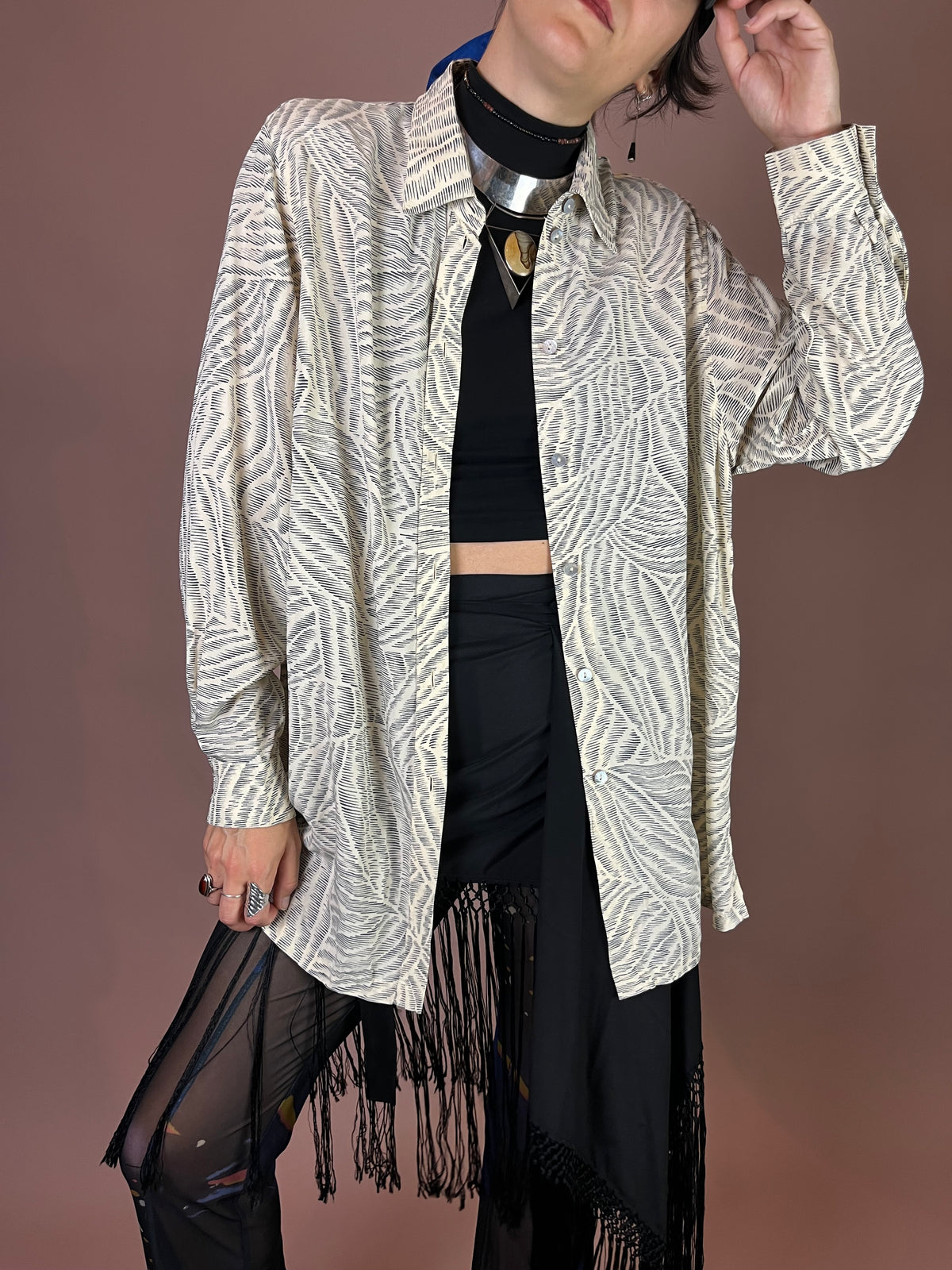 Bluse Creme Grafikprint Oversized Gr. 42/42