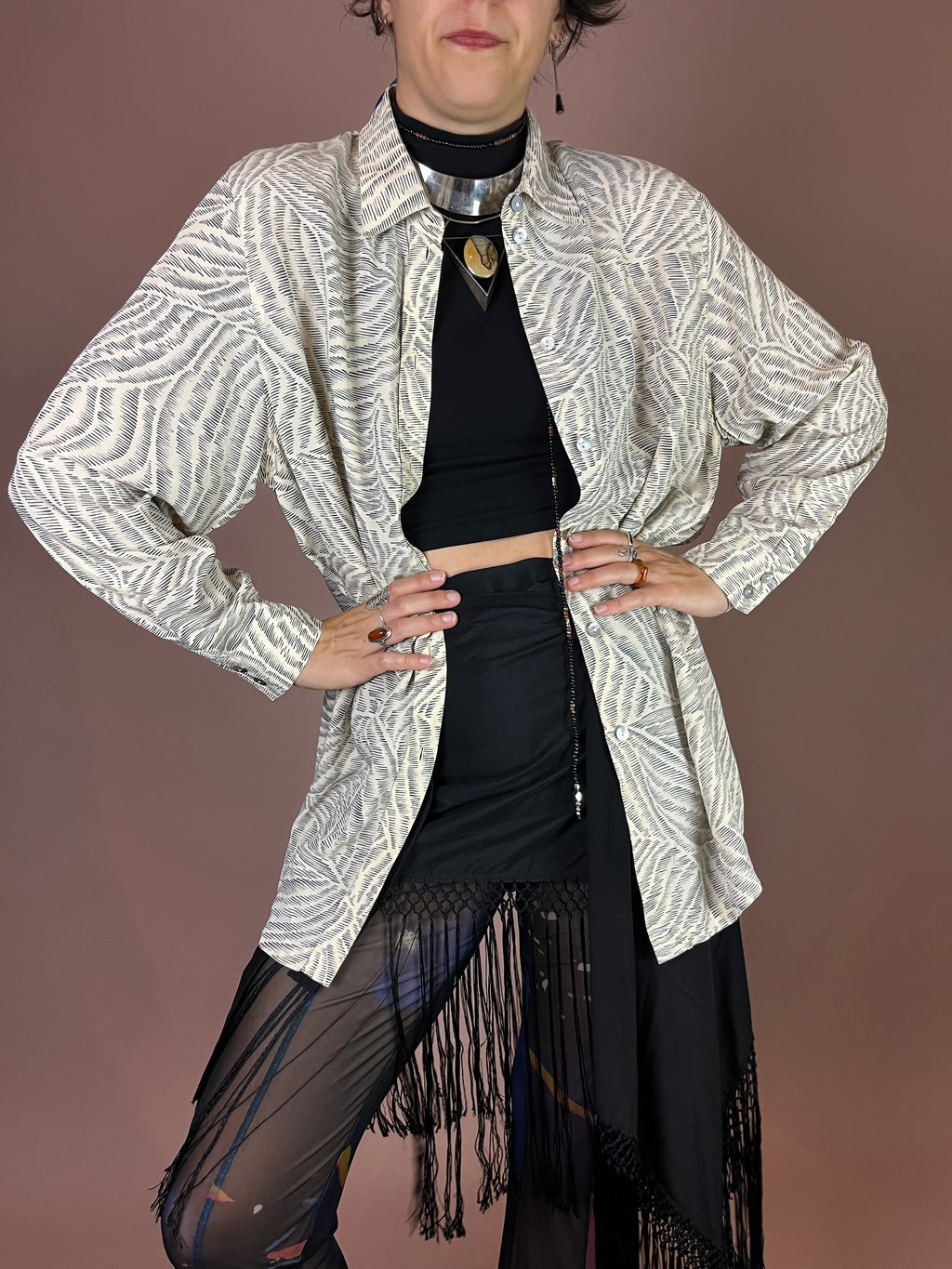 Bluse Creme Grafikprint Oversized Gr. 42/42