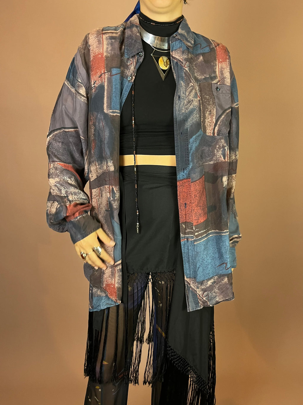 Hemd Seide 80s Print Graublau Gr. L
