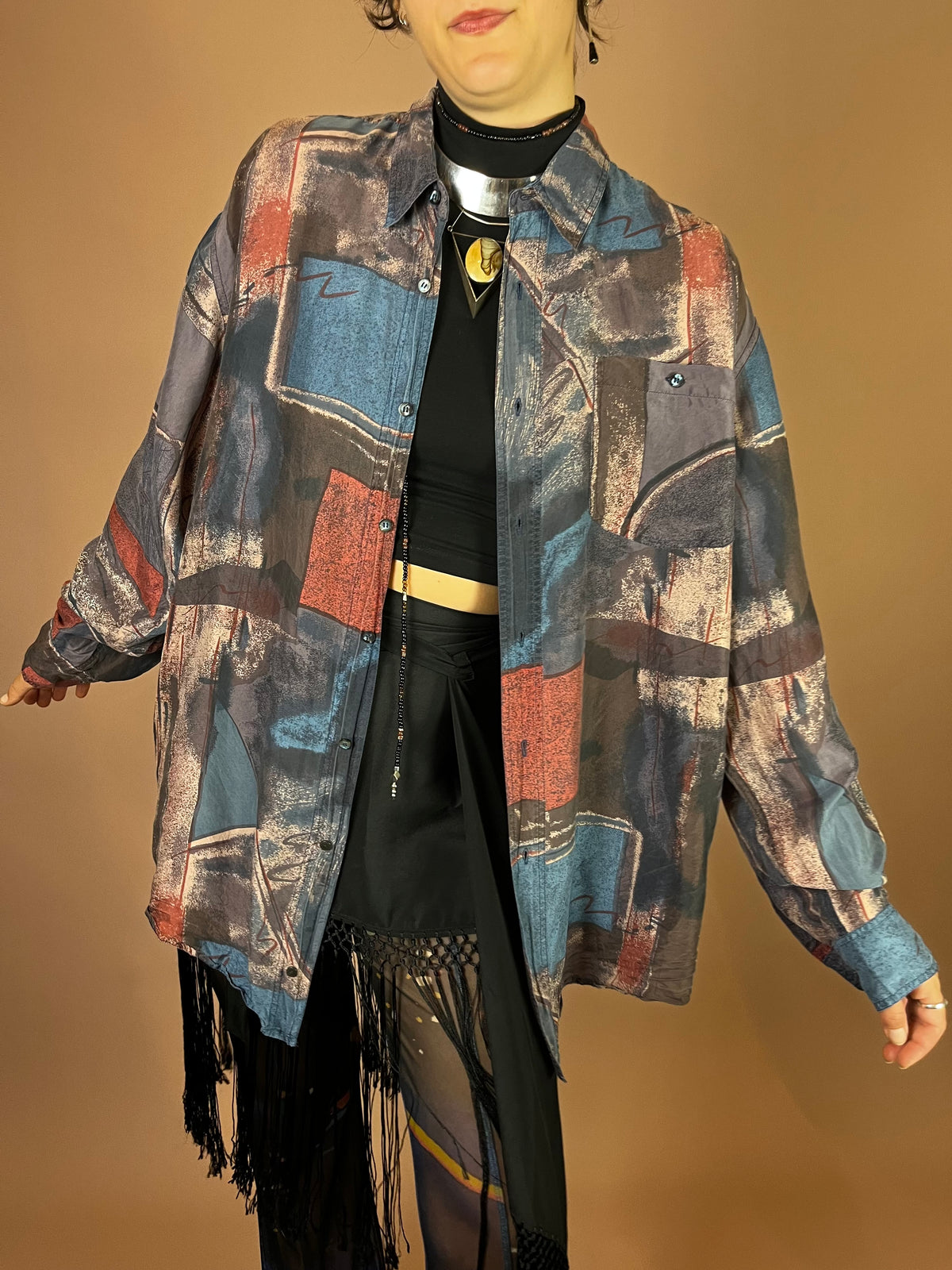 Hemd Seide 80s Print Graublau Gr. L