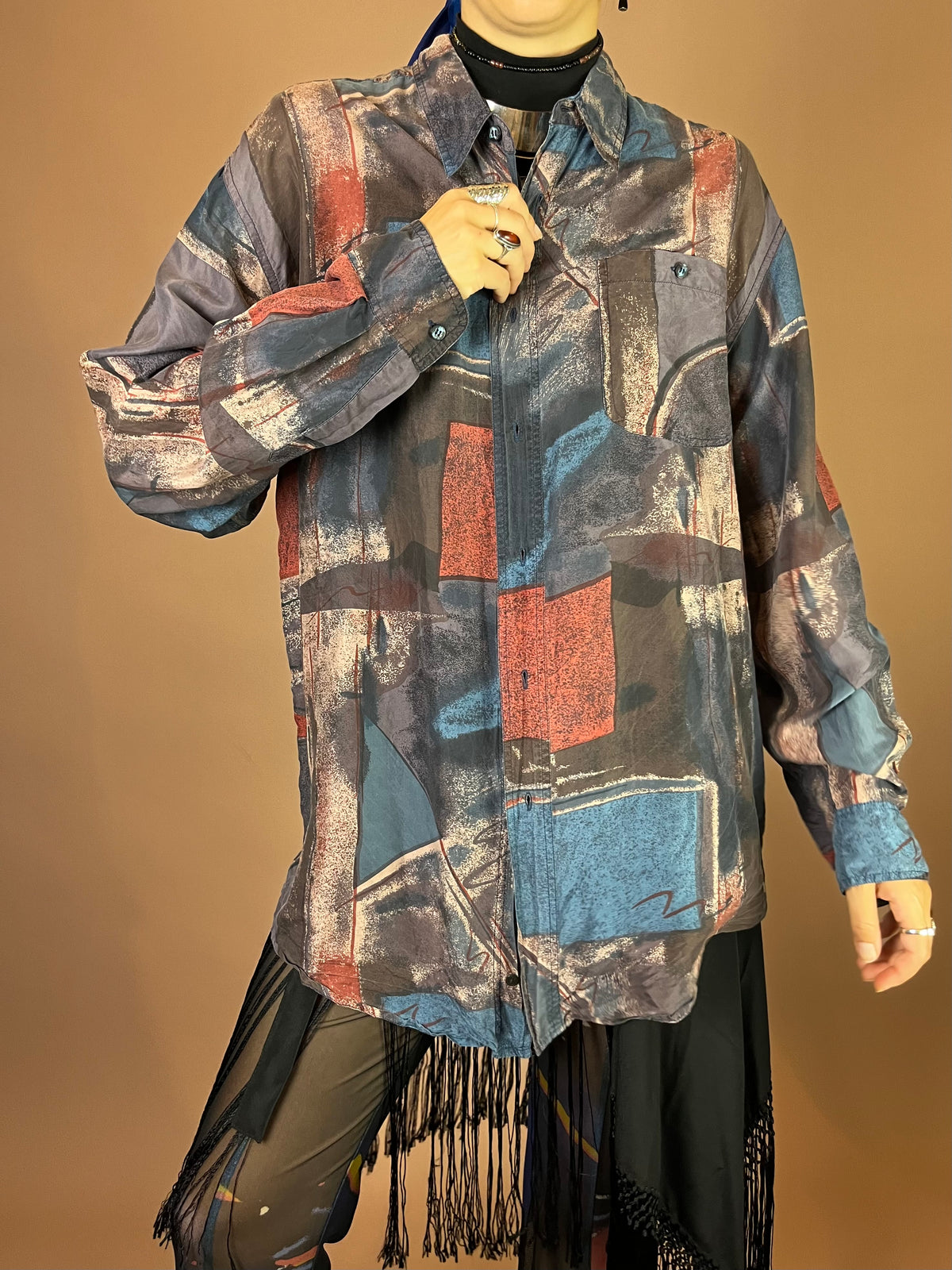 Hemd Seide 80s Print Graublau Gr. L