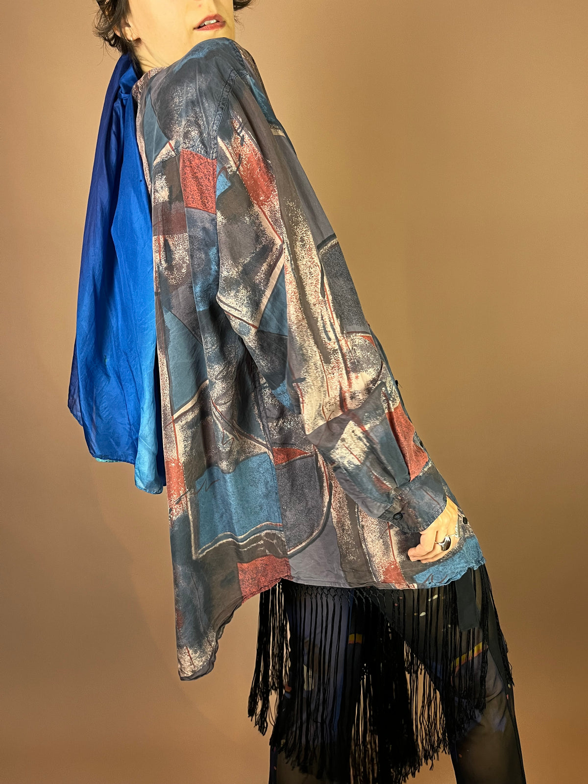 Hemd Seide 80s Print Graublau Gr. L