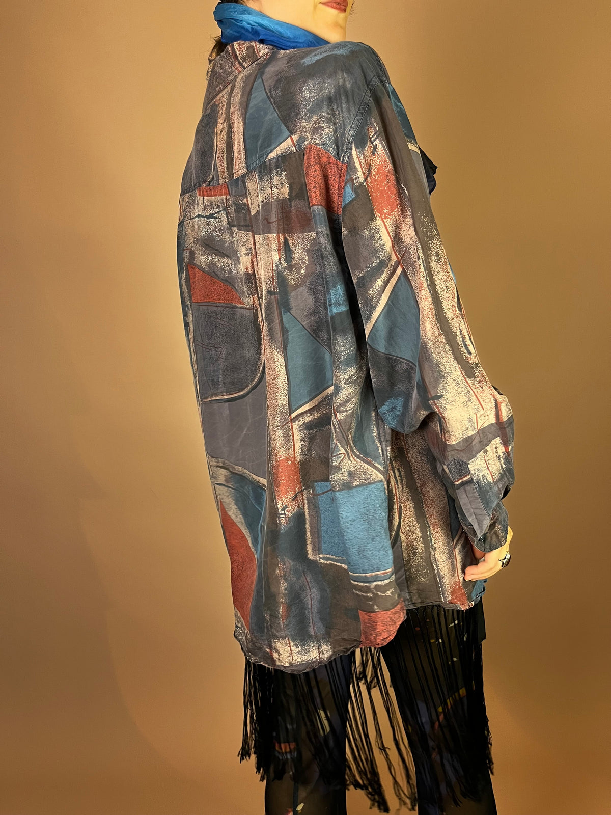 Hemd Seide 80s Print Graublau Gr. L