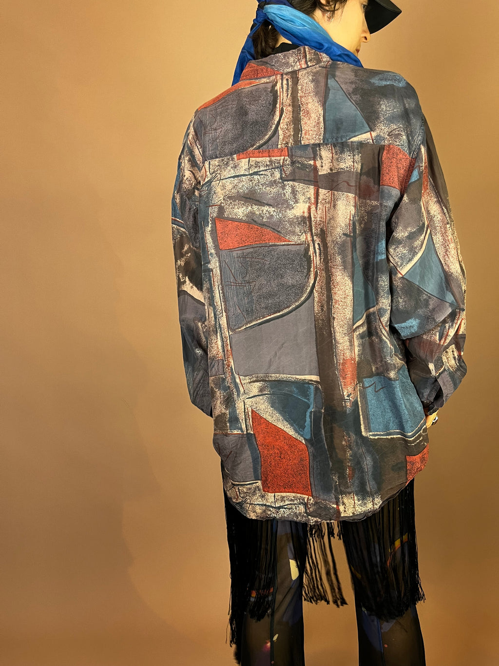 Hemd Seide 80s Print Graublau Gr. L
